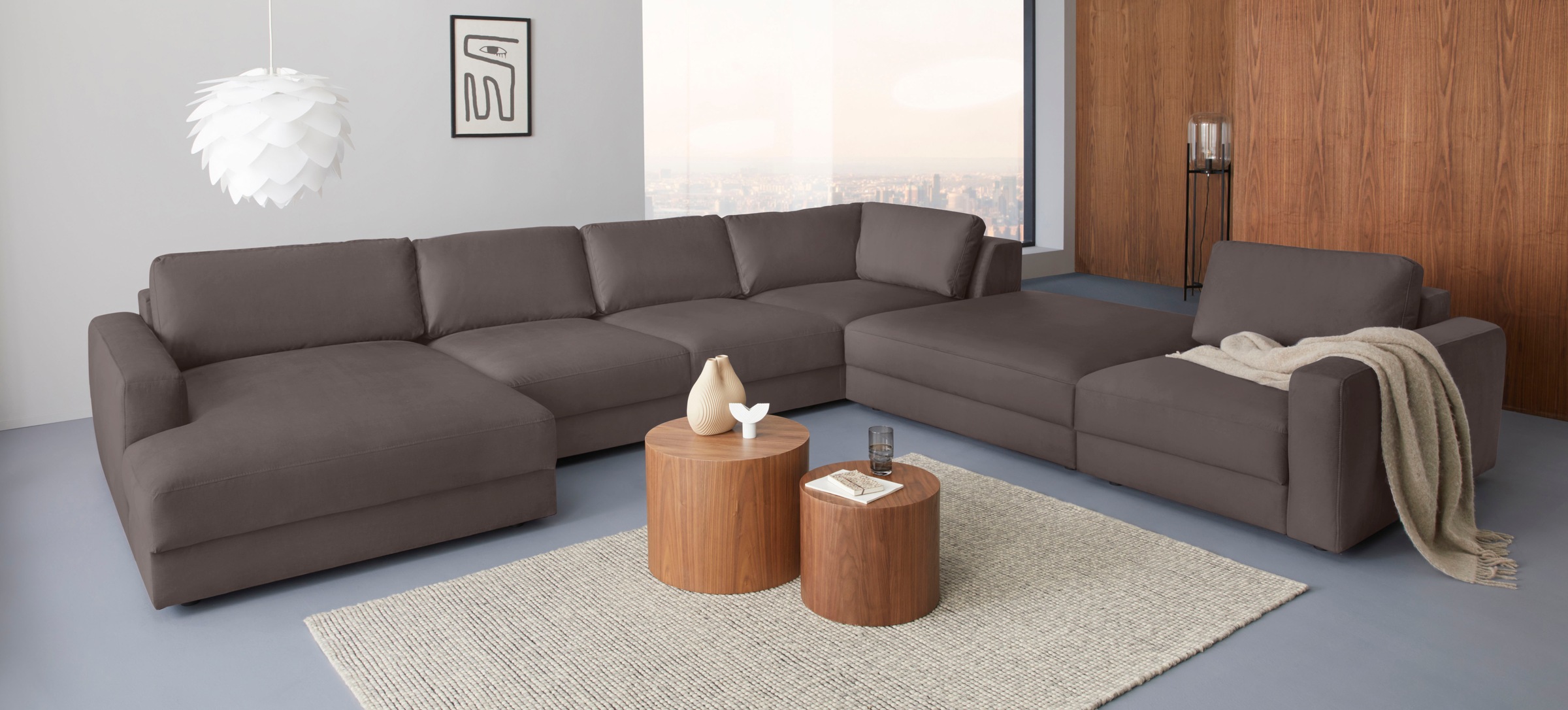 Wohnlandschaft HOME AFFAIRE "Bloomfield, Mega Polsterprogramm, Breite 405cm, viel Platz, U-Form", grau (taupe), B:405cm H:84cm T:224cm, 100% Polyester, Sofas, Wohnlandschaft, mit extra tiefer Sitzfläche, wahlweise mit Sitztiefenverstellung 6