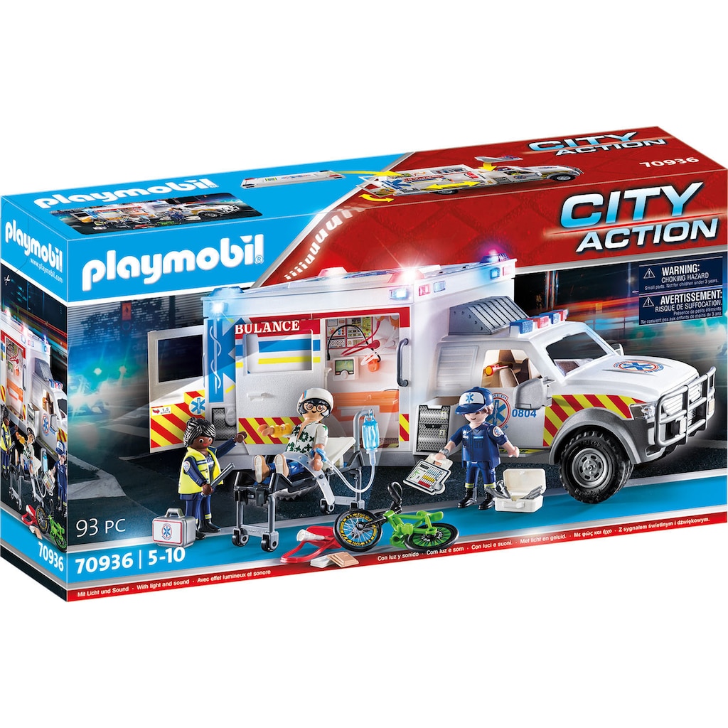 Playmobil® Konstruktions-Spielset »Rettungs-Fahrzeug: US Ambulance (70936), City Action«, (93 St.)