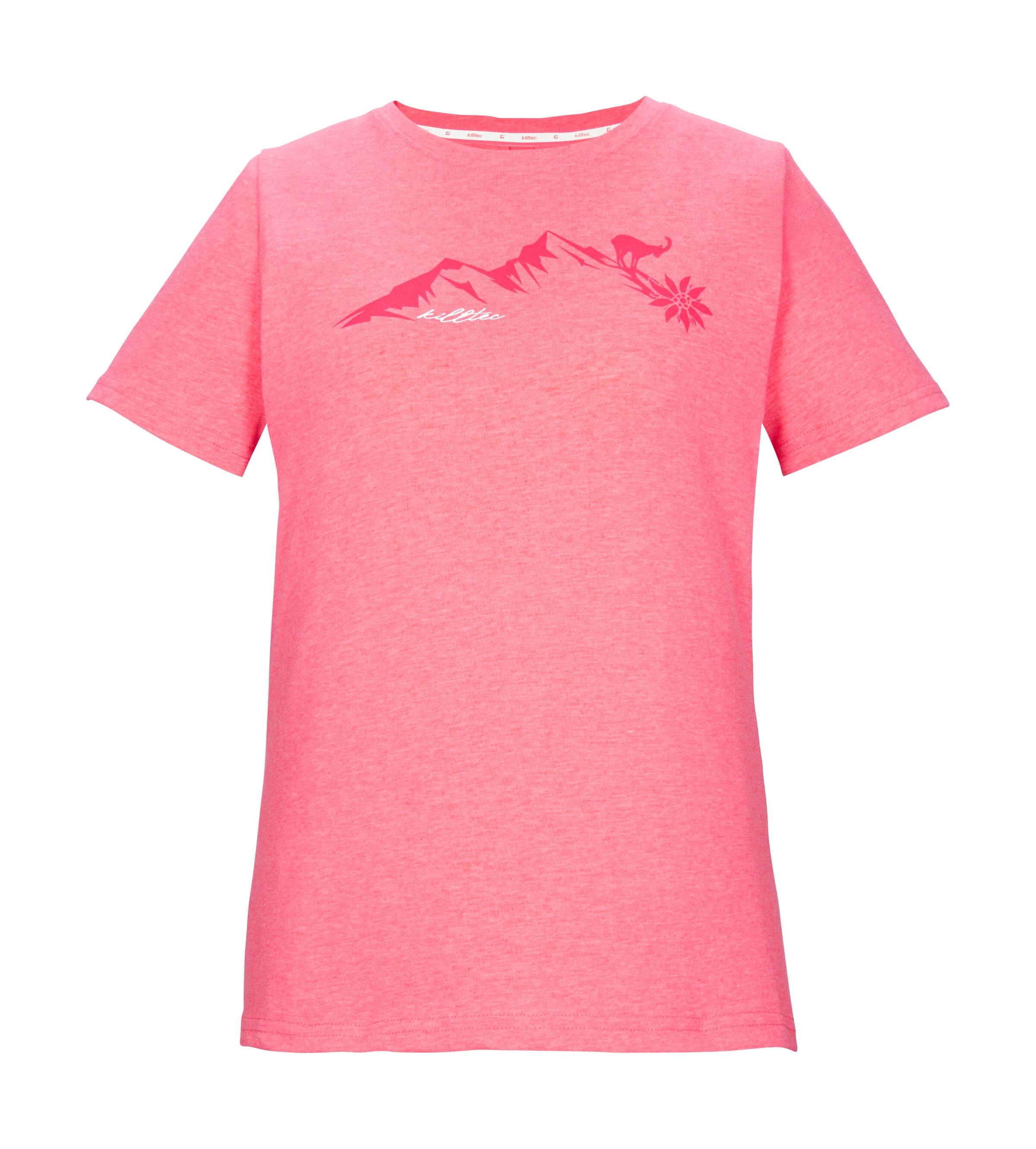 T-Shirt KILLTEC "KOS 194 WMN TSHRT", Damen, Gr. 44, koralle, Obermaterial: 65% Polyester, 30% Baumwolle, 5% Elasthan, Rundhals, Shirts T-Shirt, Vielseitiges Damen T-Shirt mit Melange-Optik und Bergprint