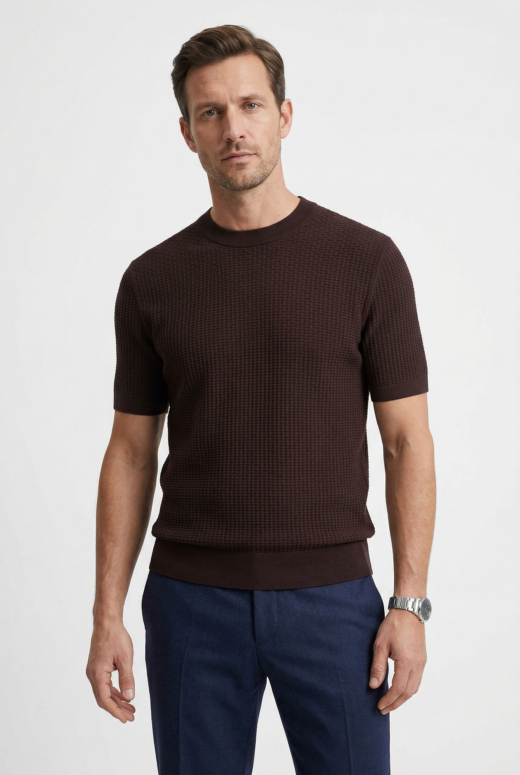 BOSS Kurzarmpullover "Nilton" Premium Menswear Business-Casual-Look, Strukturstrick-Material