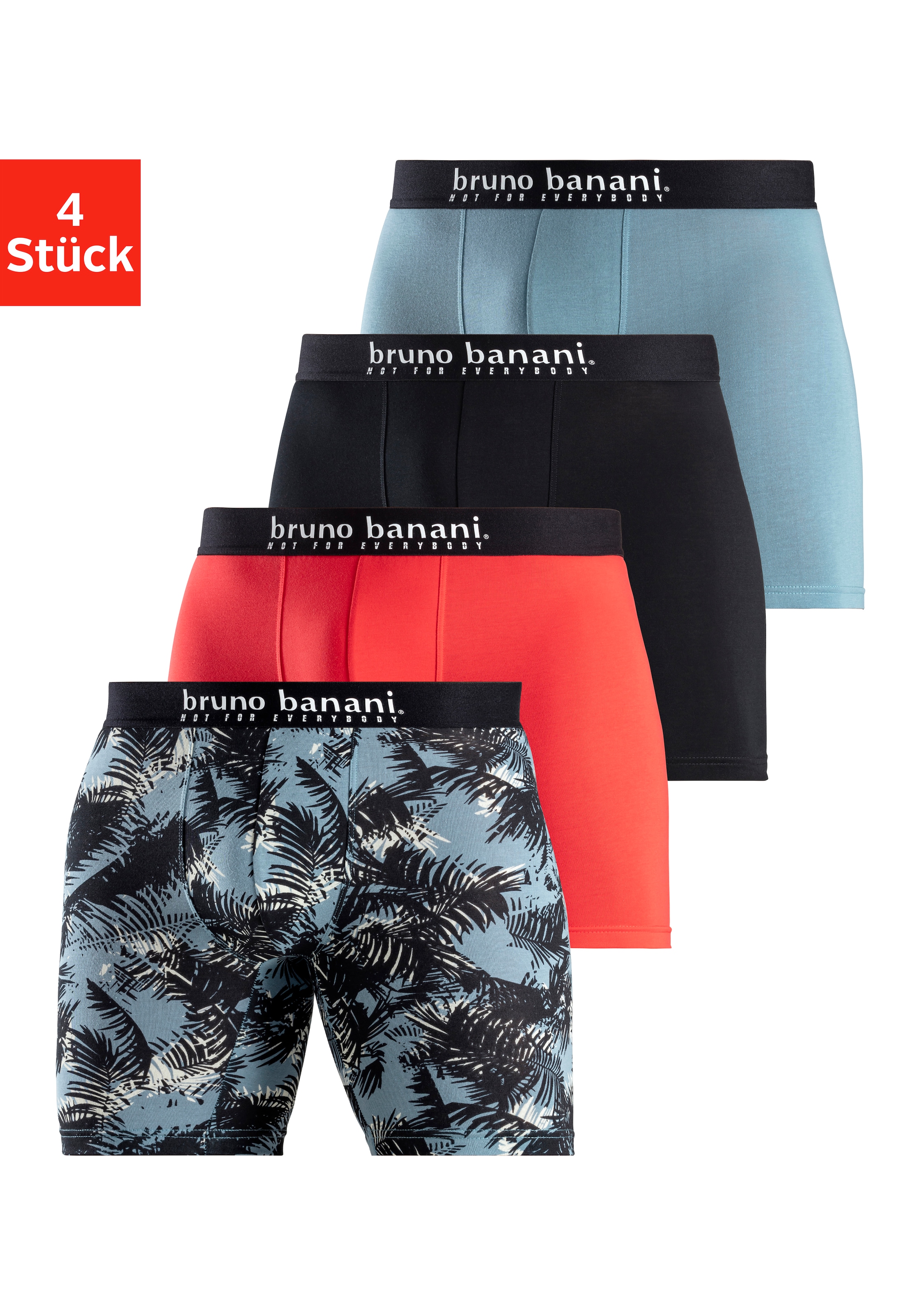 Bruno Banani Langer Boxer Packung, 4er-Pack, 4 Stk. Langes Bein, Palmendruck und unifarben aus Baumwollmischung