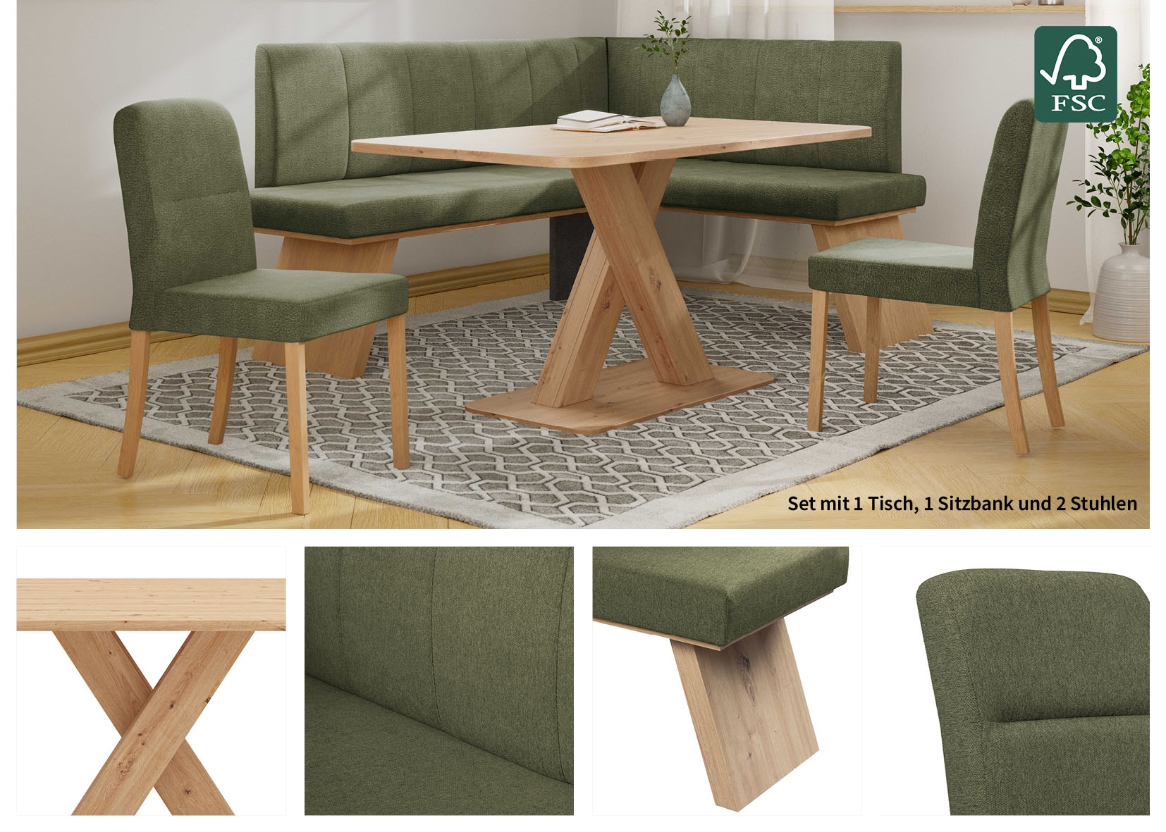 Home affaire Eckbankgruppe »Nina«, (Set, 4 tlg., 4er), Sitzgruppe Esszimmer Stühle Tisch und Bank bequem gepolstert