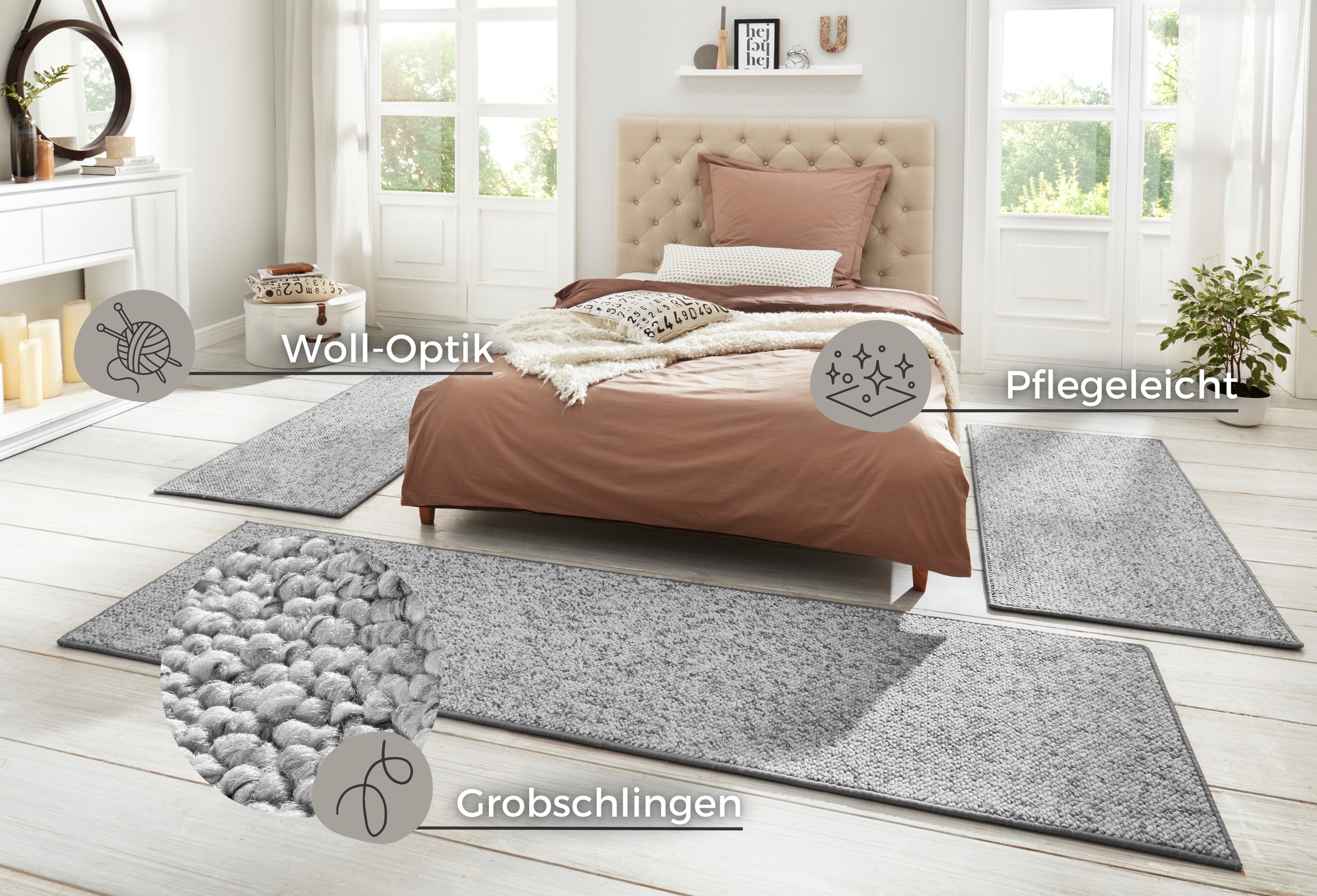 Bettumrandung HANSE HOME "Wolly 2" Gr. 14, grau, H:12mm, Obermaterial: 100% Polypropylen, Bettumrandungen, Bettvorleger, 3-teiliger Läufer Set, Unifarben, Kurzflor, Bettläufer 2