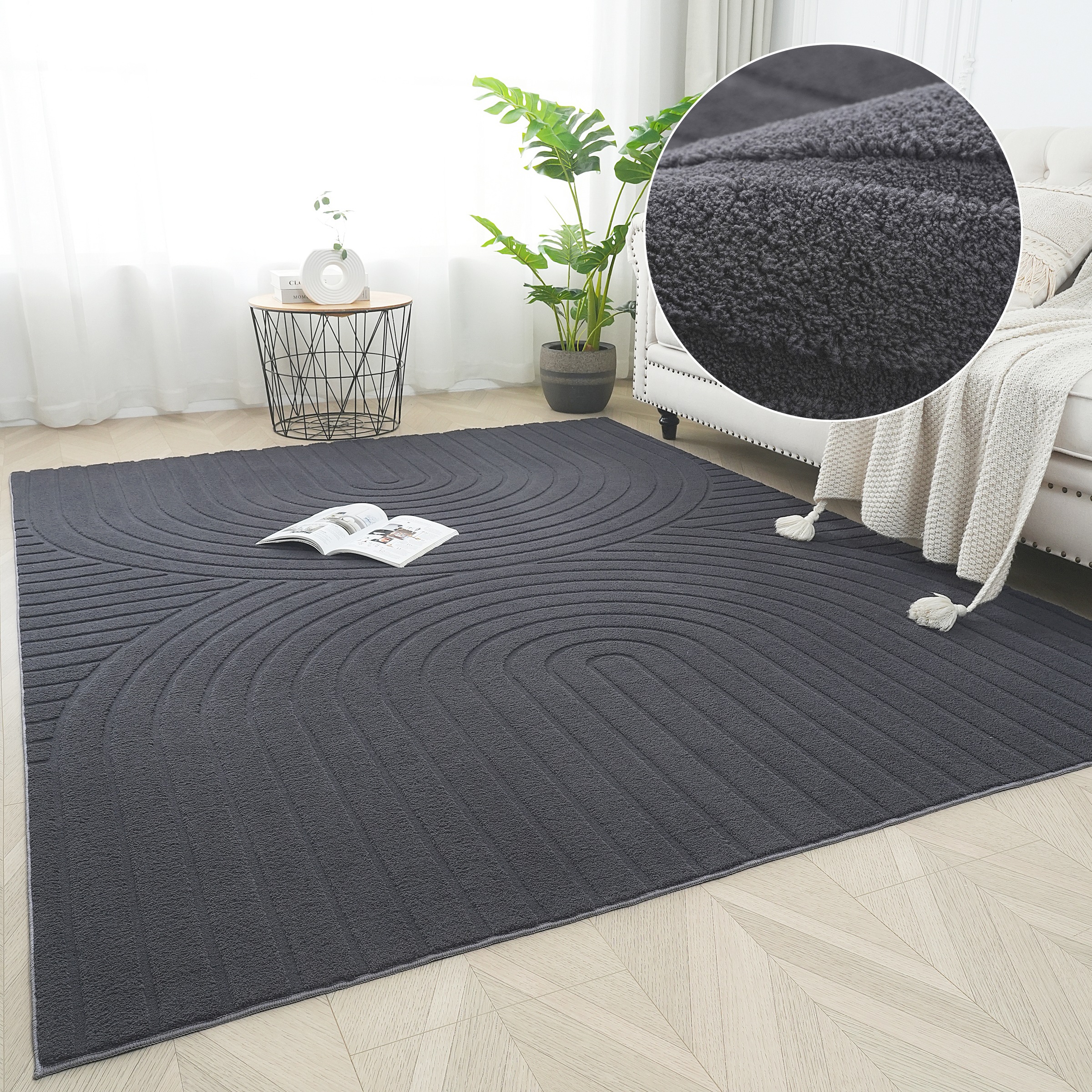 Teppich OTTO HOME "Cali Regenbogen, Hoch-Tief-Effekt" Gr. 3, grau (dunkelgrau), B:120cm H:15mm L:180cm, Kunstfaser, Teppiche, Teppich, Uni-Farben, flauschig, waschbar, Wohnzimmer, Schlafzimmer