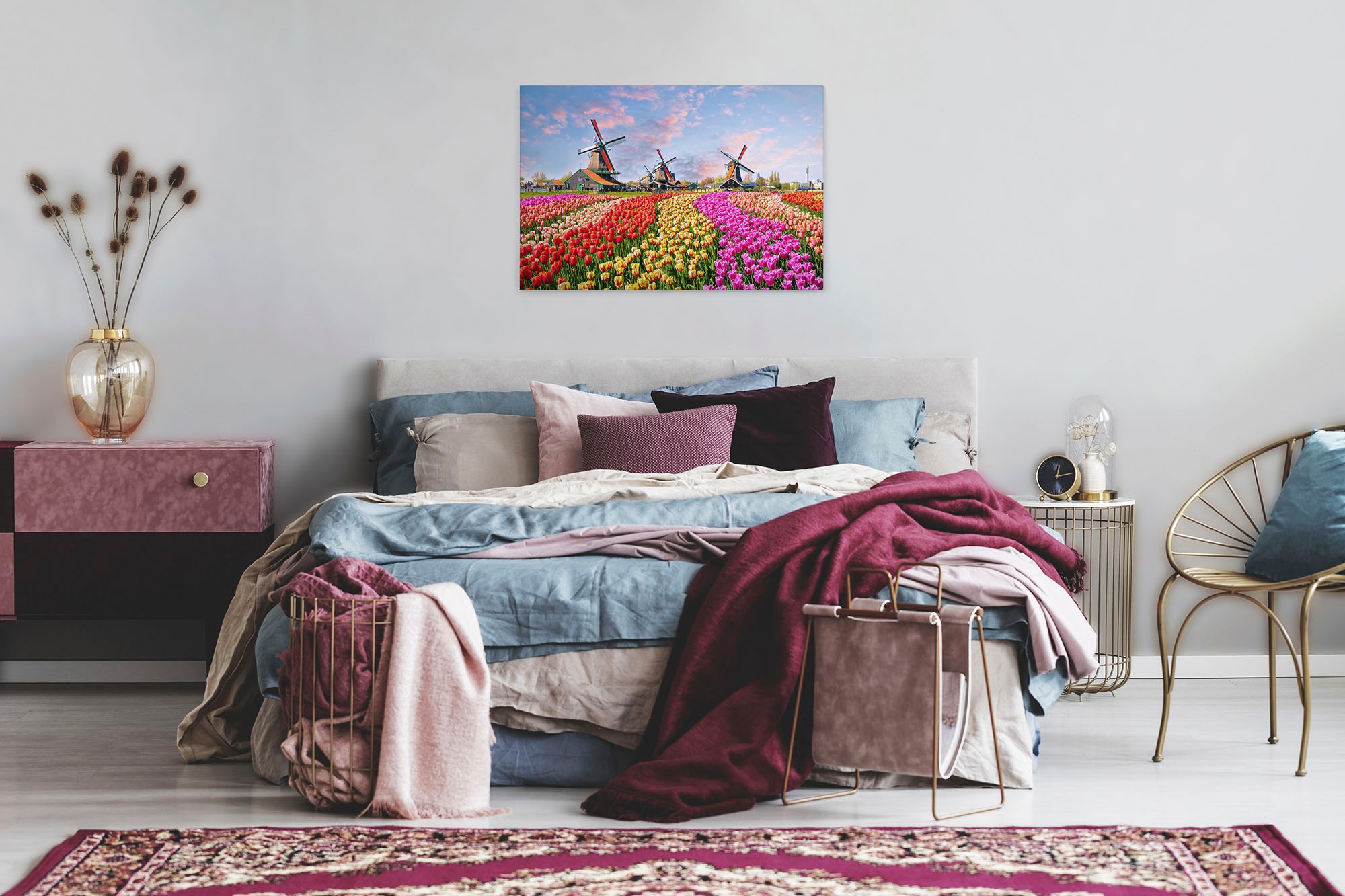 A.S. Création Leinwandbild »Zaanse Schans«, Kunst-Landschaft-Kinder, (1 St.), Keilrahmen Blumenfeld Tulpenfeld Holland Leinwand-Bild Wohnzimmer Wand