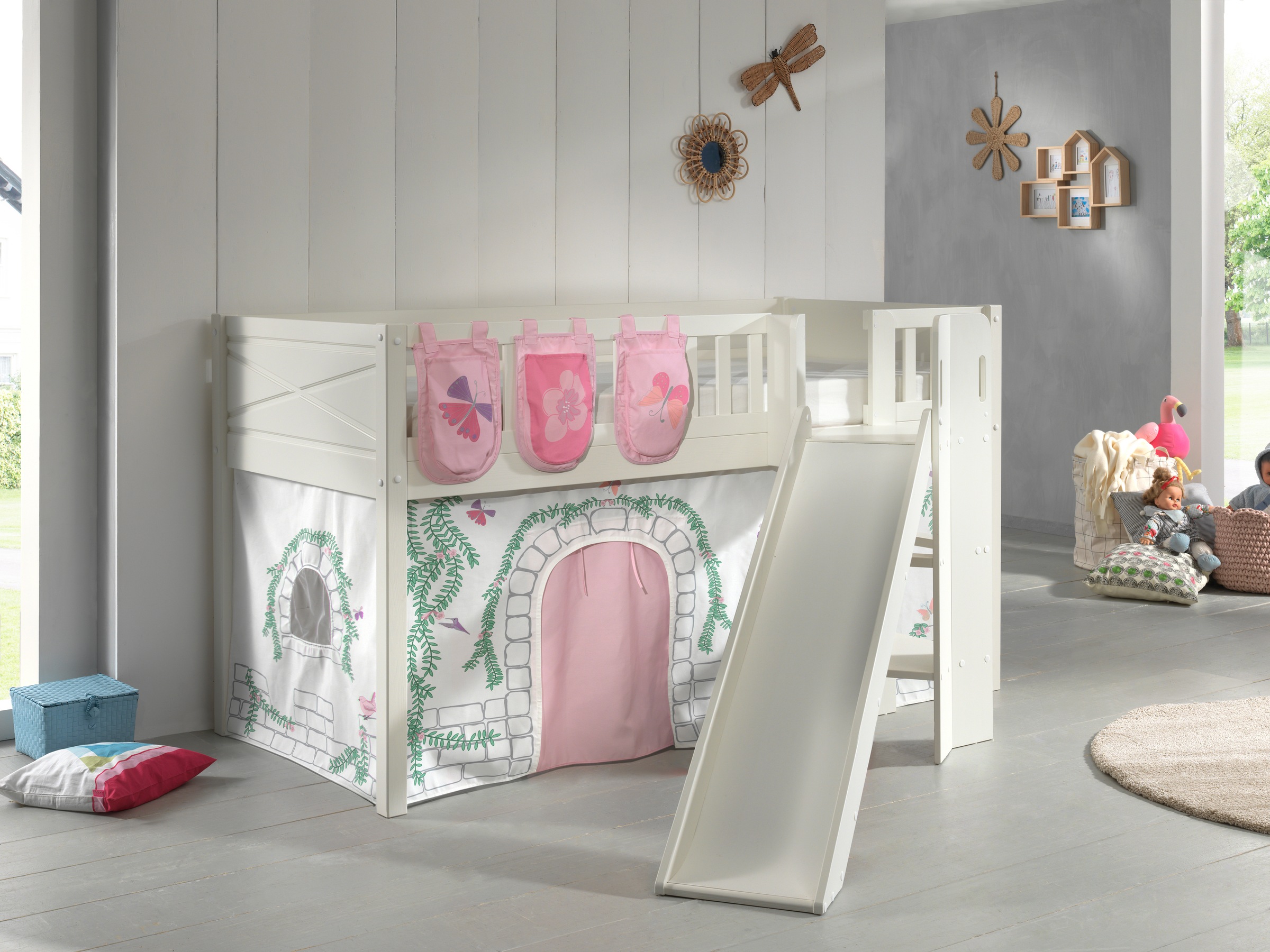 Scott Lit Mezzanine Toboggan et Rideau Birdy Ses 3 Sacs Rangement Assortis