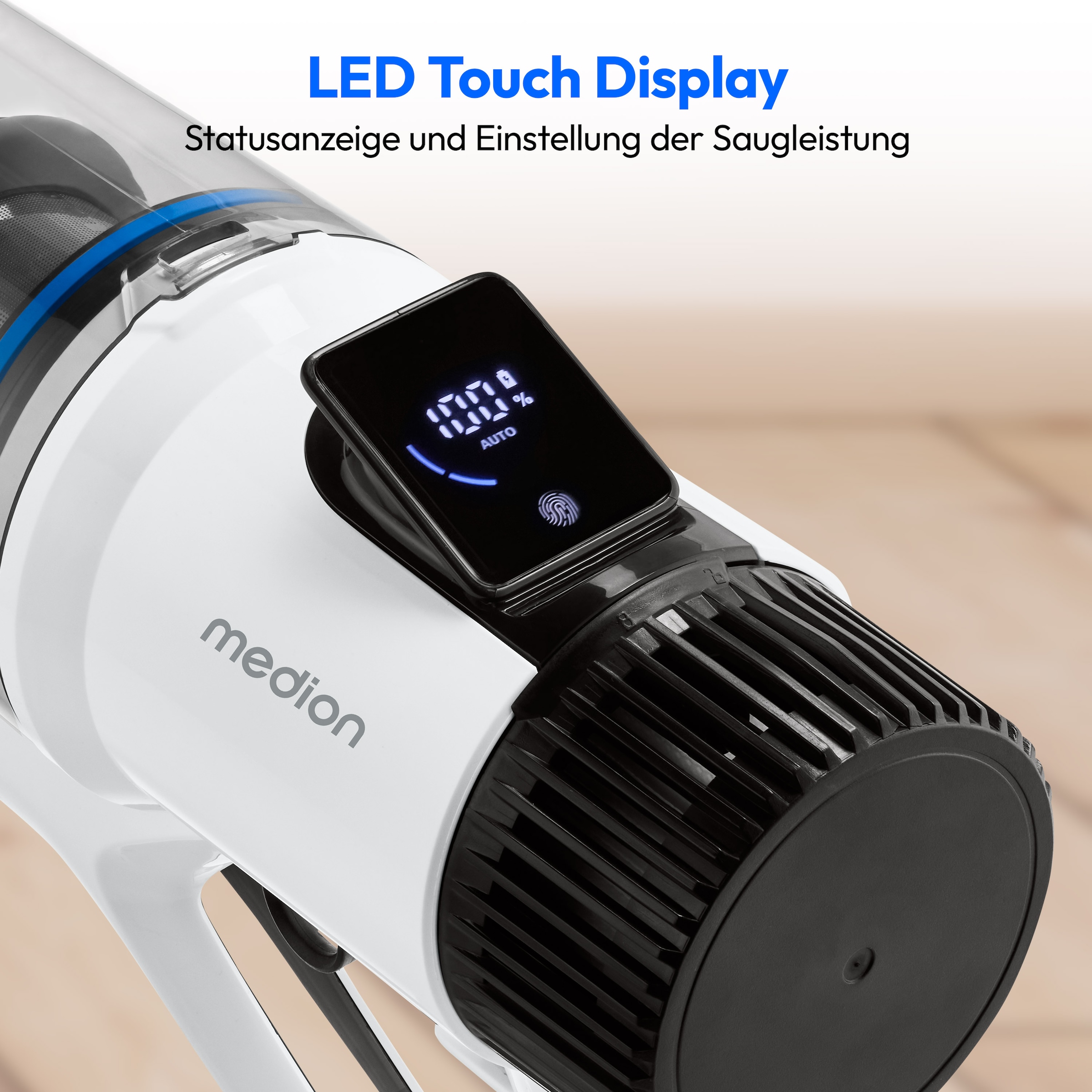 Medion® Akku-Stielstaubsauger »P400 W+ (MD 11860), elektrischer Wischaufsatz, 26 kPa Saugleistung«, LED-Touch-Display, Staubsensor, Wechselakku, integriertes Zubehör