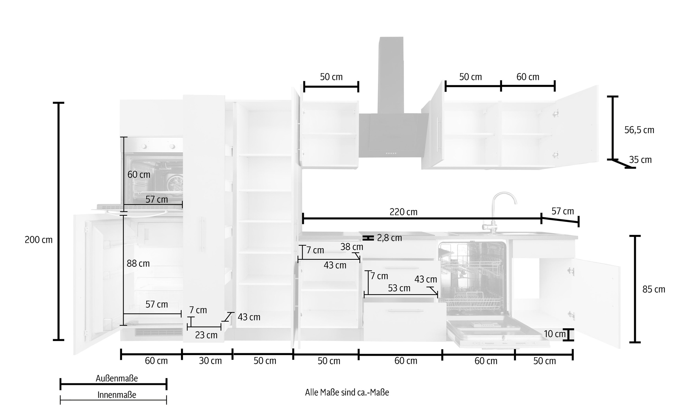 wiho Küchen Küchenzeile »Cali«, ohne E-Geräte, Breite 360 cm