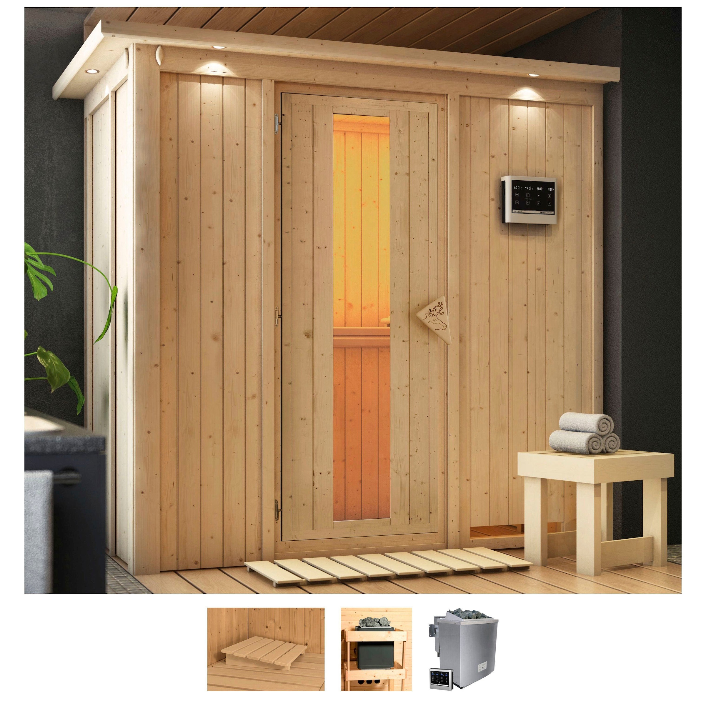 KARIBU Sauna "Vada", Bio-Kombiofen, externe Steuerung, 9 kW, beige, Saunen, Ofen 9 kW Bio externe Strg easy