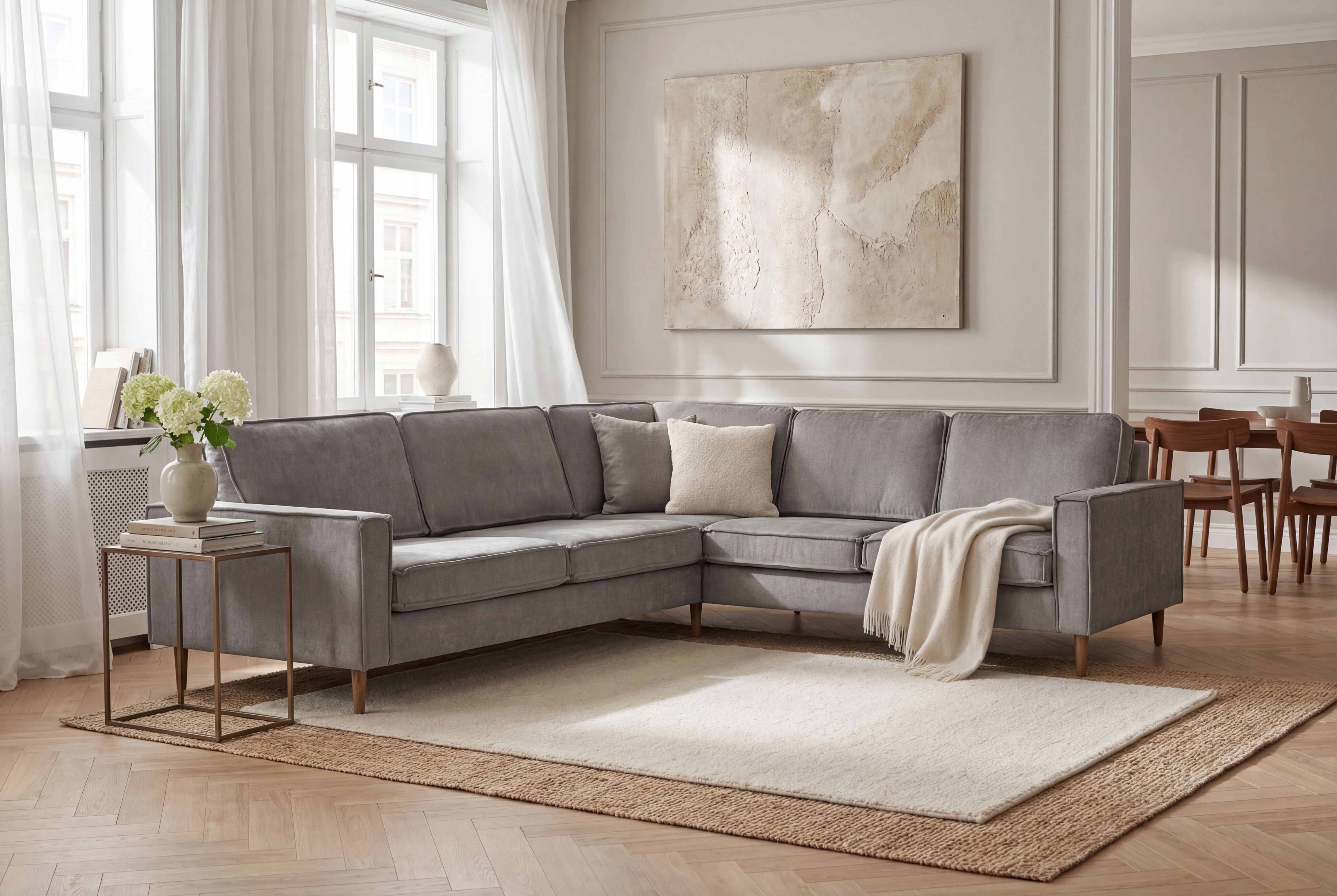 OTTO home Ecksofa "Pinto Skandi, 290 cm, Chenille, Struktur, Ottomane links / rechts" mit Keder, Massivholzfüße Eiche geräuchert, Wellenunterfederung