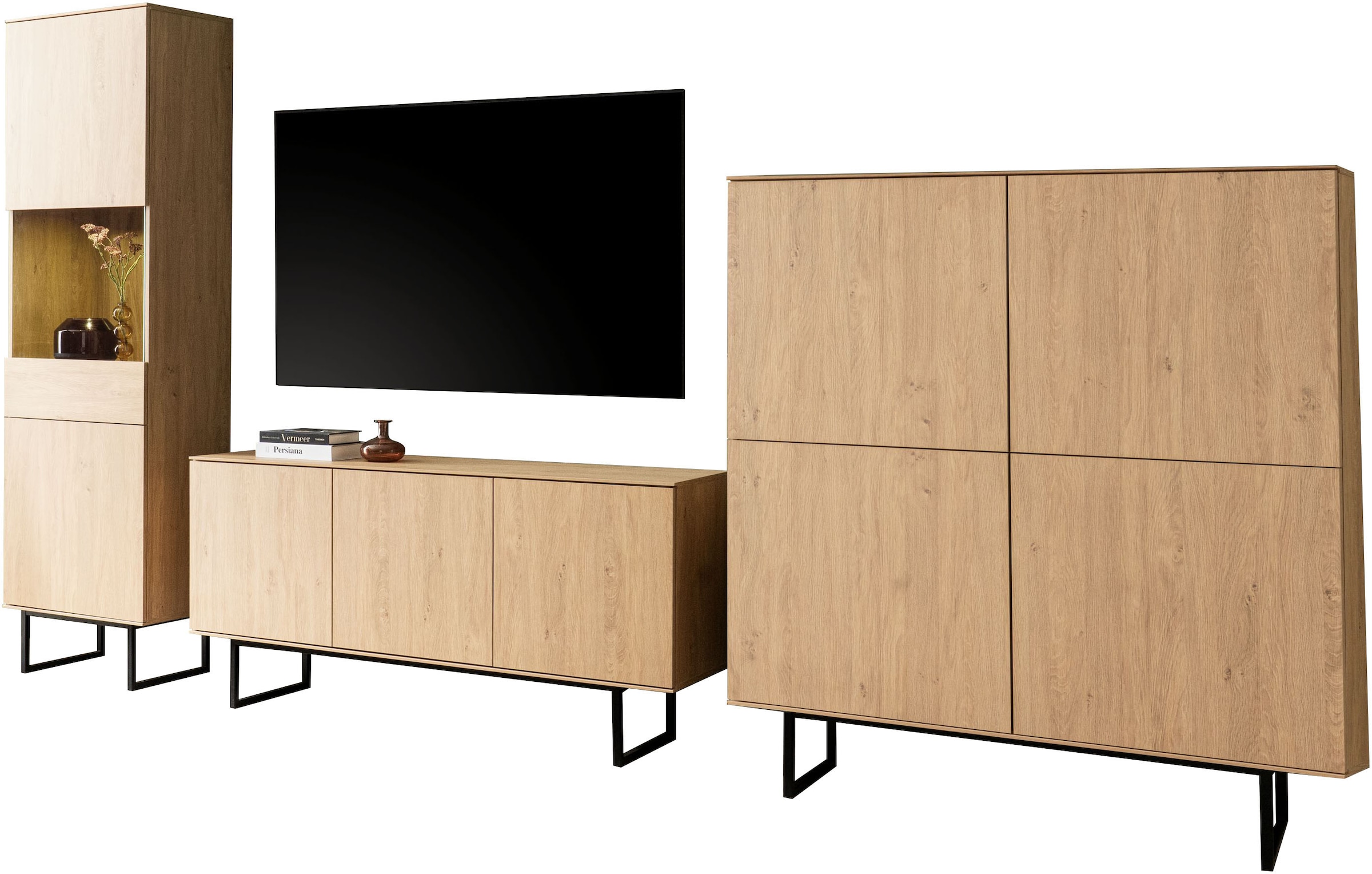 Home affaire Wohnwand »Lund, moderne Anbauwand, Wohnzimmer-Set in Stone Oak«, (3 St.), enthält Vitrine, Lowboard und Highboard