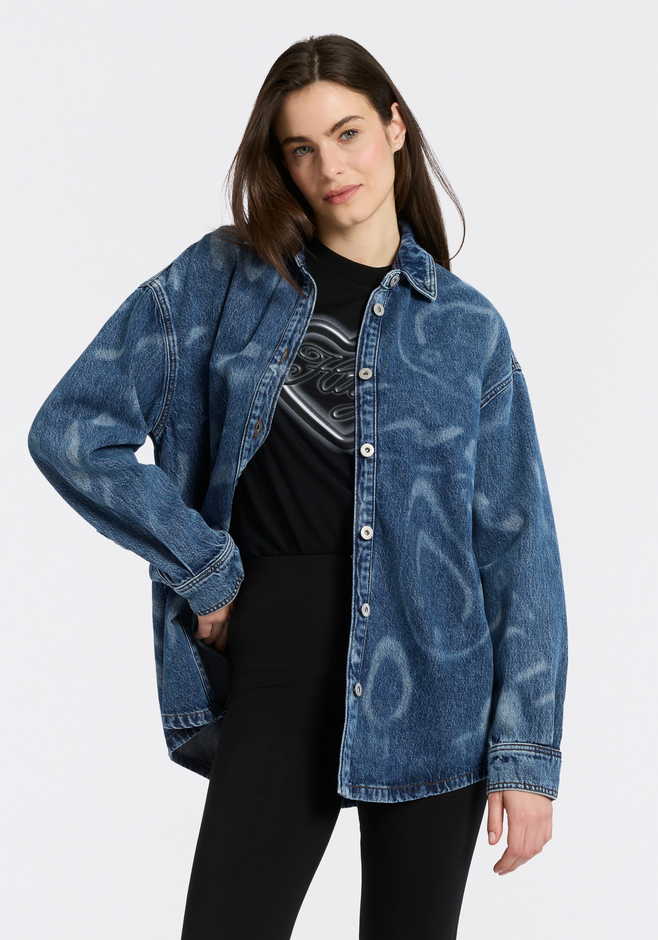 HUGO Blue Hemdbluse "Garesa" Denim mit Laserprint, Oversized Fit günstig online kaufen