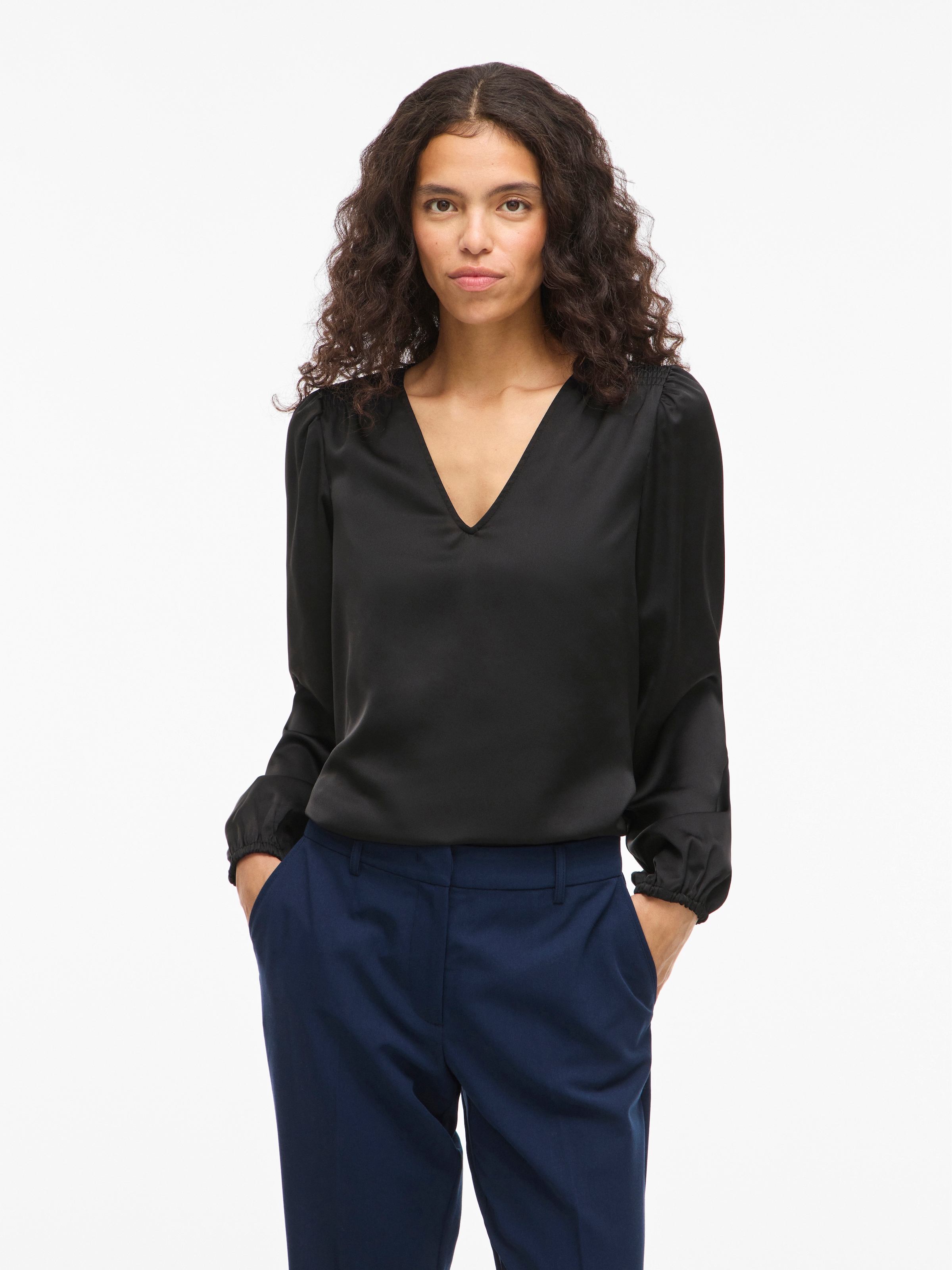 Vila Langarmshirt "VIELLETTE L/S SMOCK SATIN TOP - NOOS" Kunstfaser, regula günstig online kaufen
