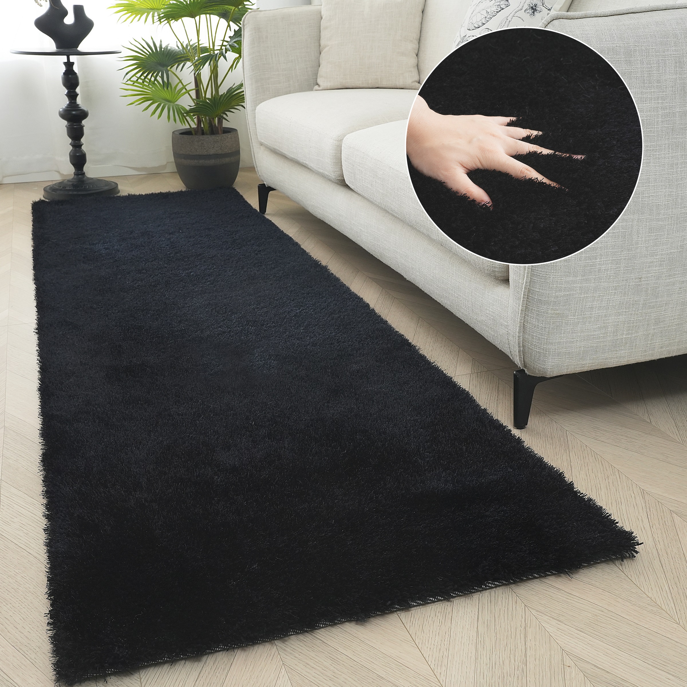 Hochflor-Läufer BRUNO BANANI "Dana Teppich, Kundenliebling" Gr. 19, schwarz, B:80cm H:30mm L:500cm, Kunstfaser, Teppiche, Brücke, uni, weich, Mikrofaser, Diele, Flur, Wohnzimmer, Schlafzimmer