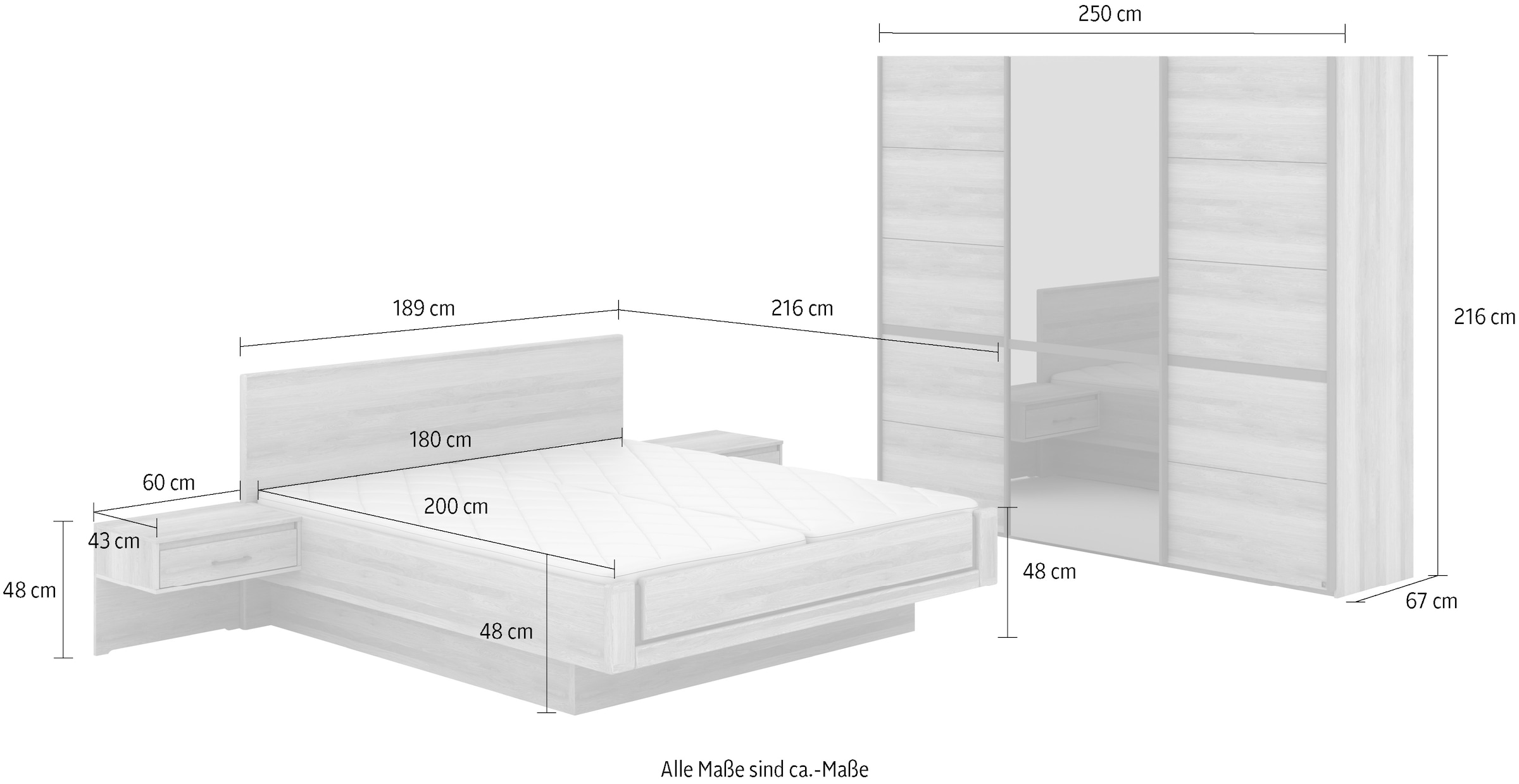 Musterring Schlafzimmer-Set »Sorrent, Kleiderschrank, Bett & Nachtkommoden, teilmassiv Eiche«, (2er-Set Nachtschränke, Schwebetürenschrank 300 cm, Bett 180x200 cm), mit Schwebetürenschrank, Bett mit Stollenfuß, Breite Schrank 250 cm