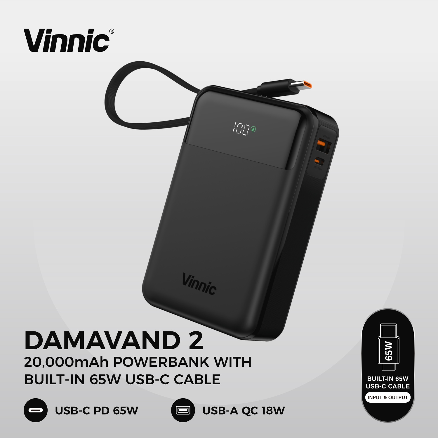 Vinnic Powerbank »DAMAVAND 2 20.000 mAh 65W«, Vinnic DAMAVAND 2 65W 20.000mAh Powerbank USB-C, Black, 20000 mAh