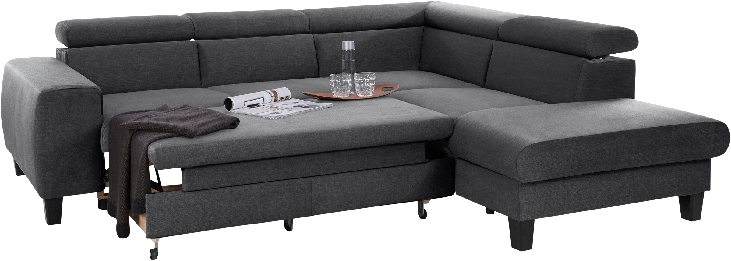 Ecksofa COTTA "Morven L-Form", grau (schwarzgrau), B:249cm H:75cm T:207cm, Microfaser PRIMABELLE (100% Polyester);Flachgewebe (100% Polyester);Samtvelours (100% Polyester), Sofas, Ecksofa, wahlweise mit Bettfunktion, Bettkasten & Wireless-Charger 6