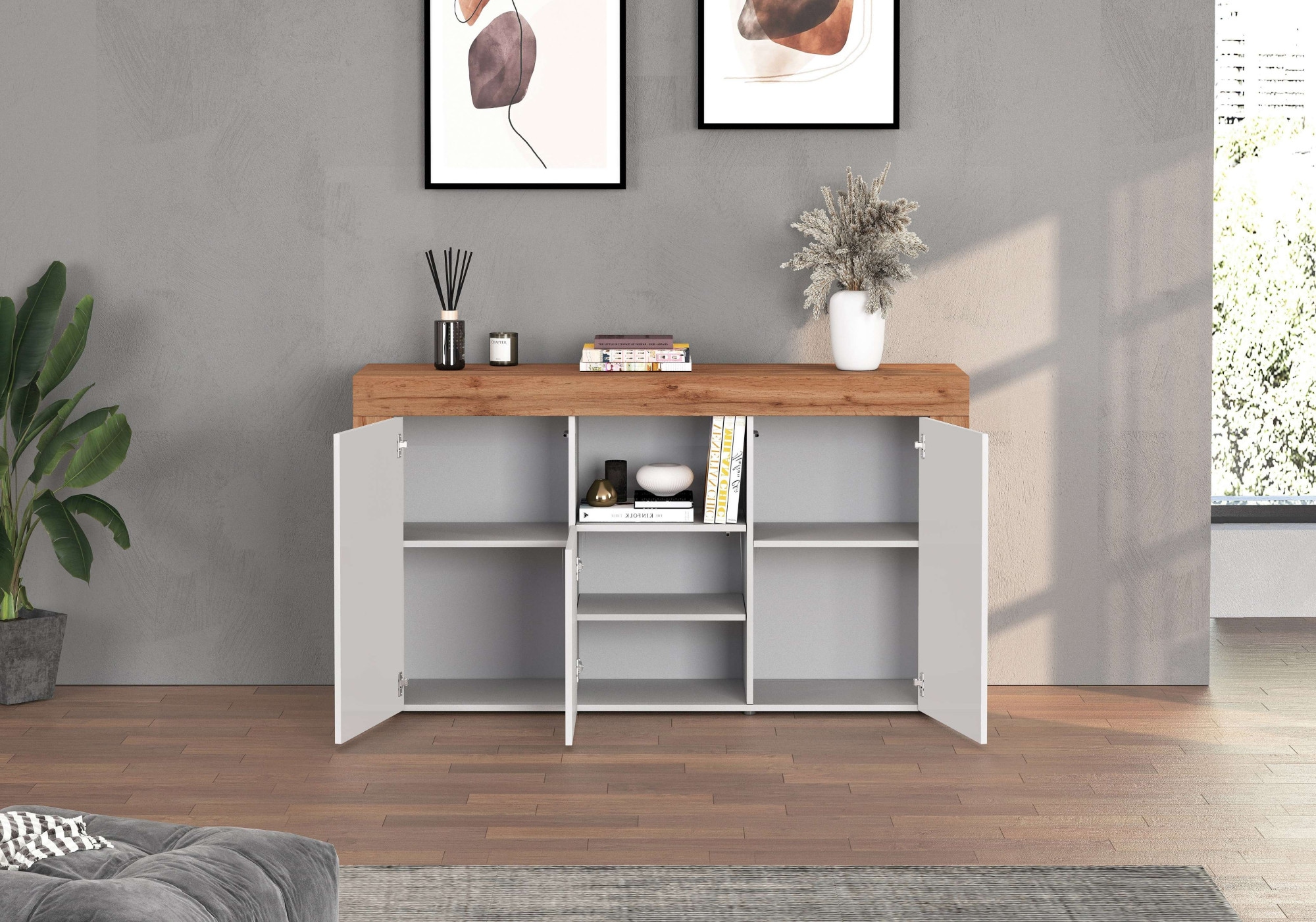 INOSIGN Sideboard »CHRONOS Breite 155 cm mit 3 Türen, 1 offenes und 6 geschlossene Fächer«, (1 St.), Sideboard,Kommode, Schrank, Grifflos mit Push to Open, Made in Italy