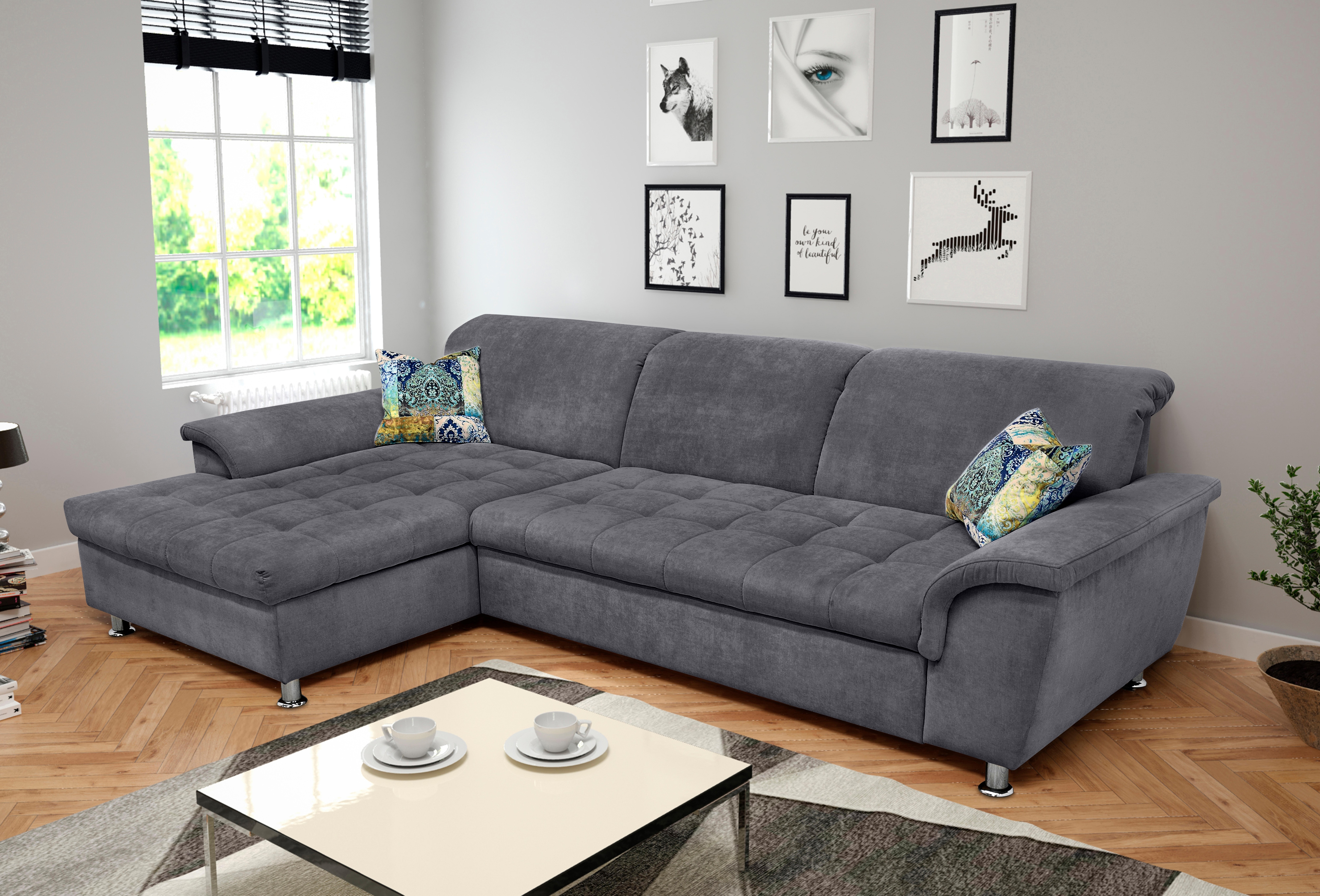 DOMO collection Ecksofa "FRANZI 278x170x81 cm, Steppung im Sitzbereich, L-Form" mit Kopfteilverstellung, Chenille, dunkelgrau