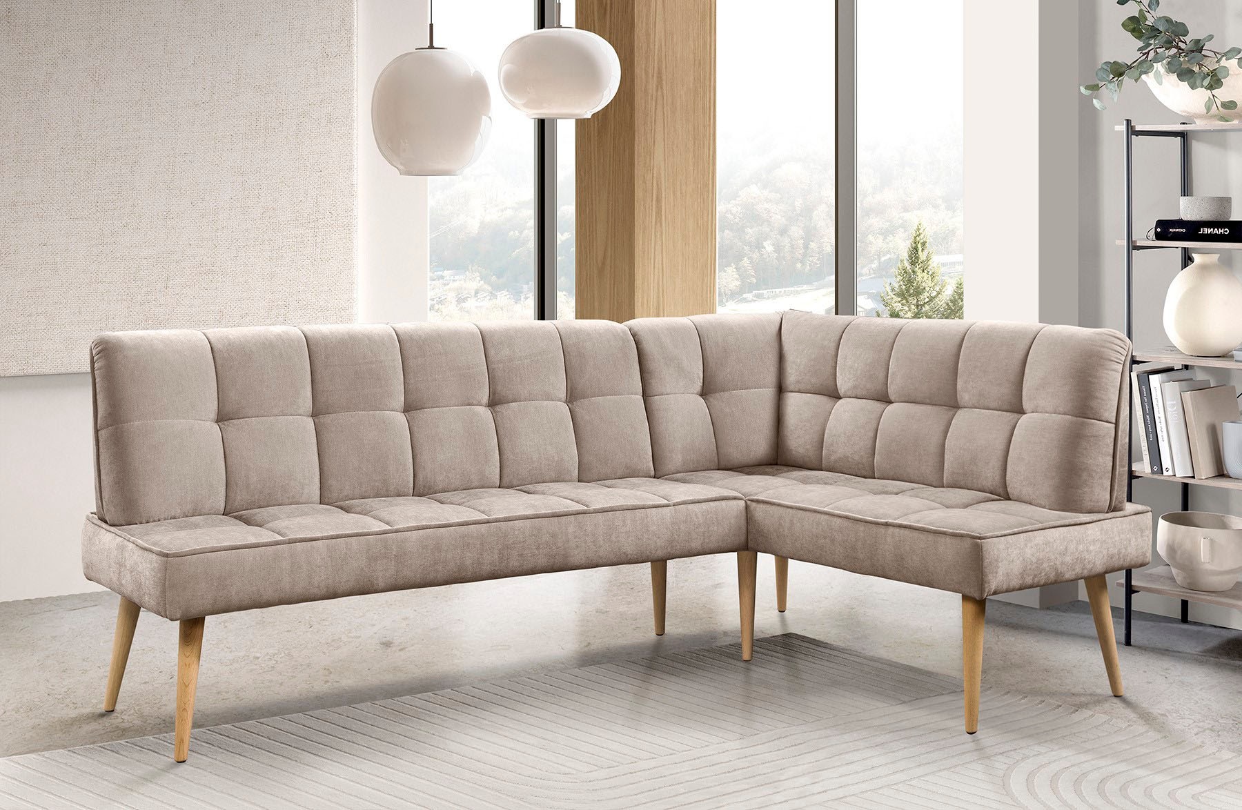 Eckbank EXXPO - SOFA FASHION "Latte", beige, B:234cm H:95cm T:156cm, 100% PES, Sitzbänke, Eckbank, moderne Sitz- und Rückensteppung, bequem und elegant, hoher Holzfuß