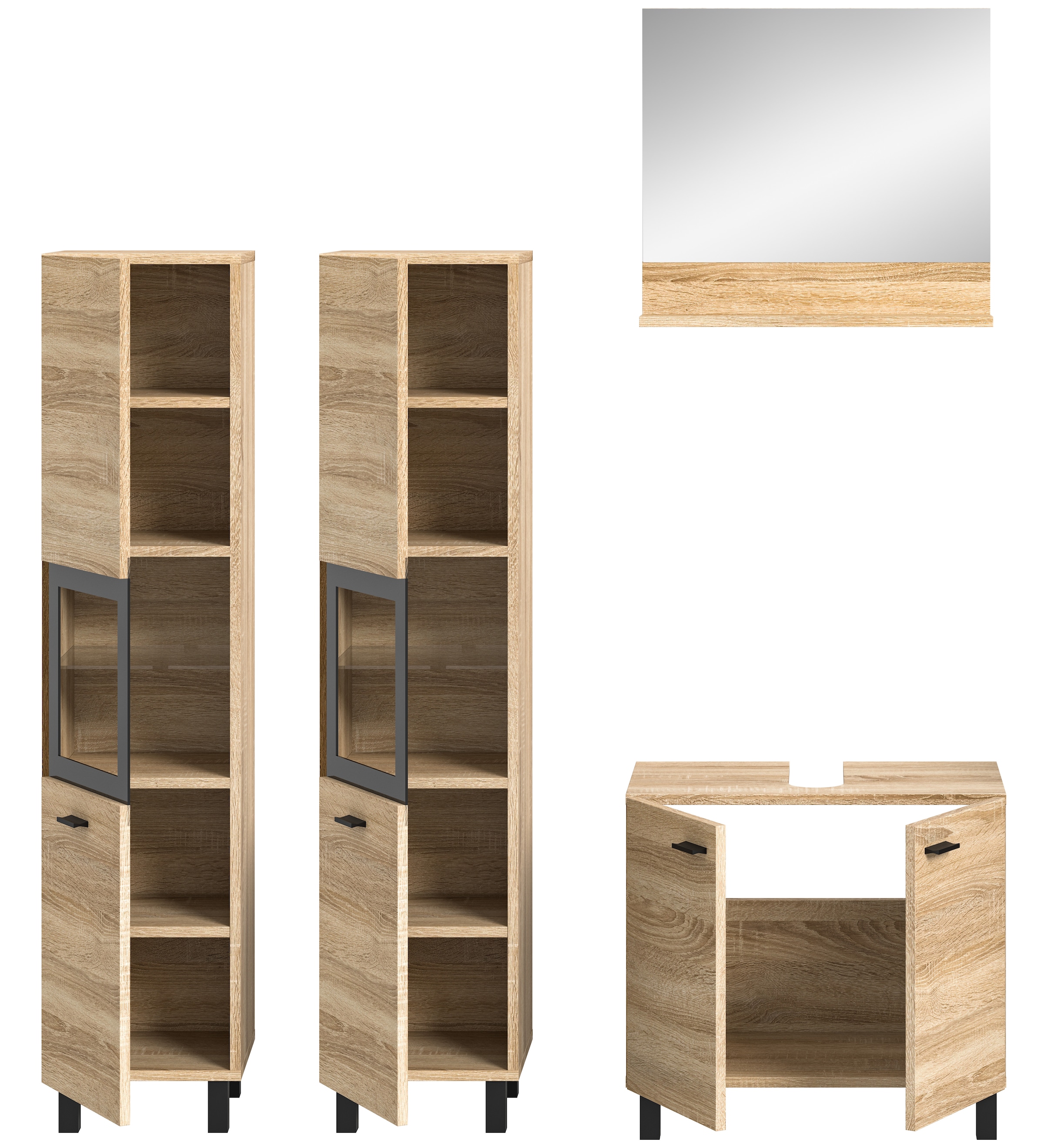 welltime Badmöbel-Set »Tampa, Breite 137cm, 4-teilig«, (4 St.), Waschbeckenunterschrank, Spiegel, Hochschrank