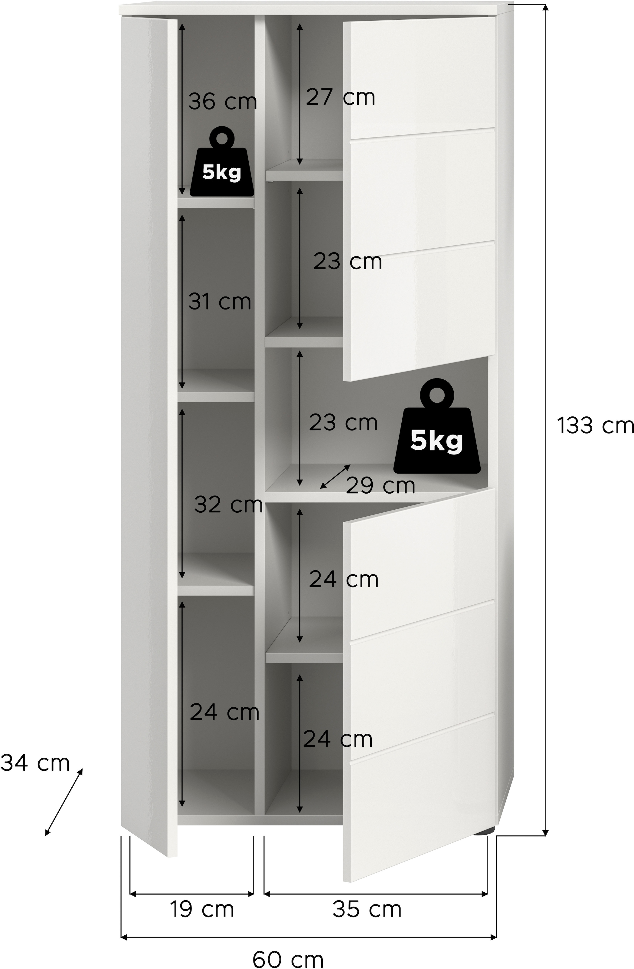welltime Midischrank »Biel, Höhe 133 cm, 3 Türen, 1 offenes Fach«, (1 St.), Türanschlag wechselbar, modernes Design, Badschrank, Unterschrank, Bad