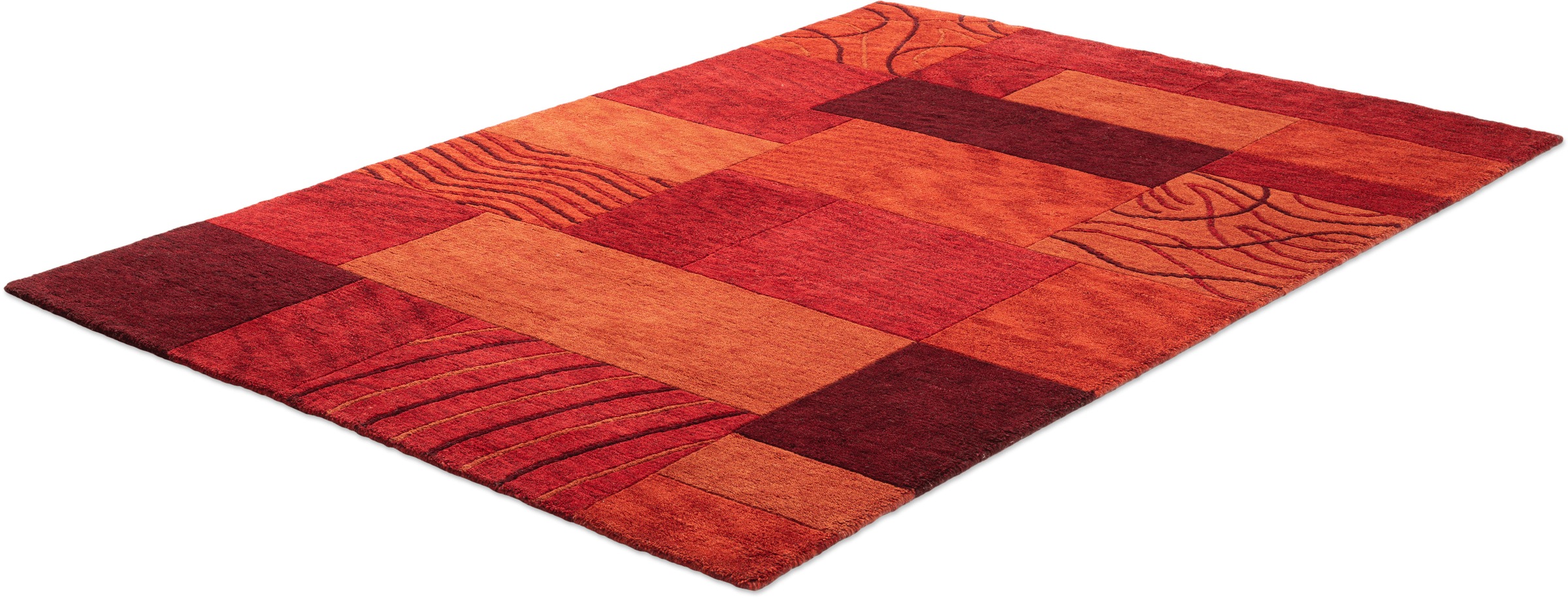 Wollteppich THEKO "Royal Domas 4028", rot, B:140cm H:14mm L:200cm, Schurwolle, Teppiche, Kurzflor, reine Wolle, handgetuftet, modernes Patchwork Design 3