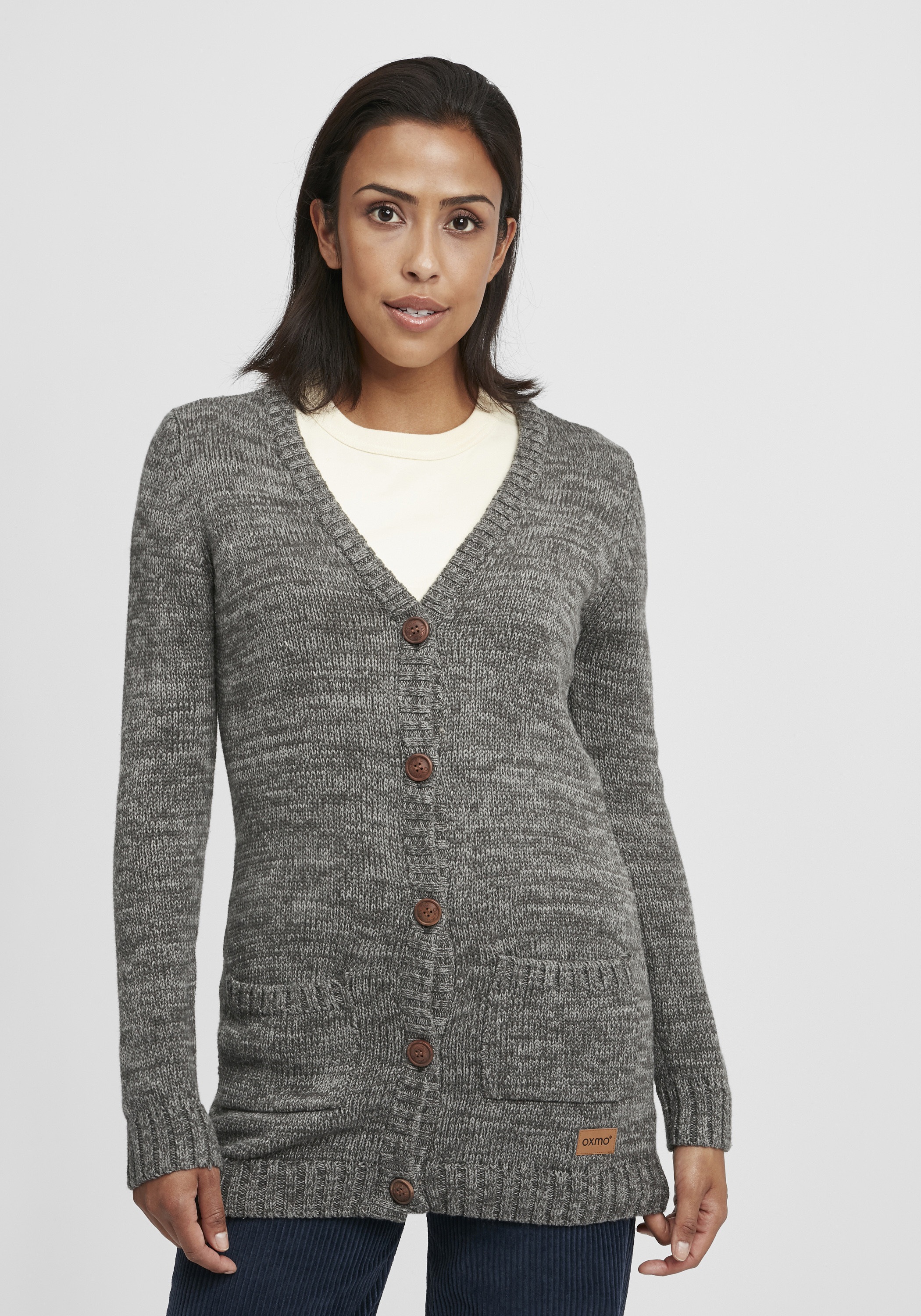 Strickjacke OXMO "Strickjacke OXHilemona", Damen, Gr. M, grau (dunkelgrau), Obermaterial: 100% Baumwolle CO., Strickjacken Strickjacke 2