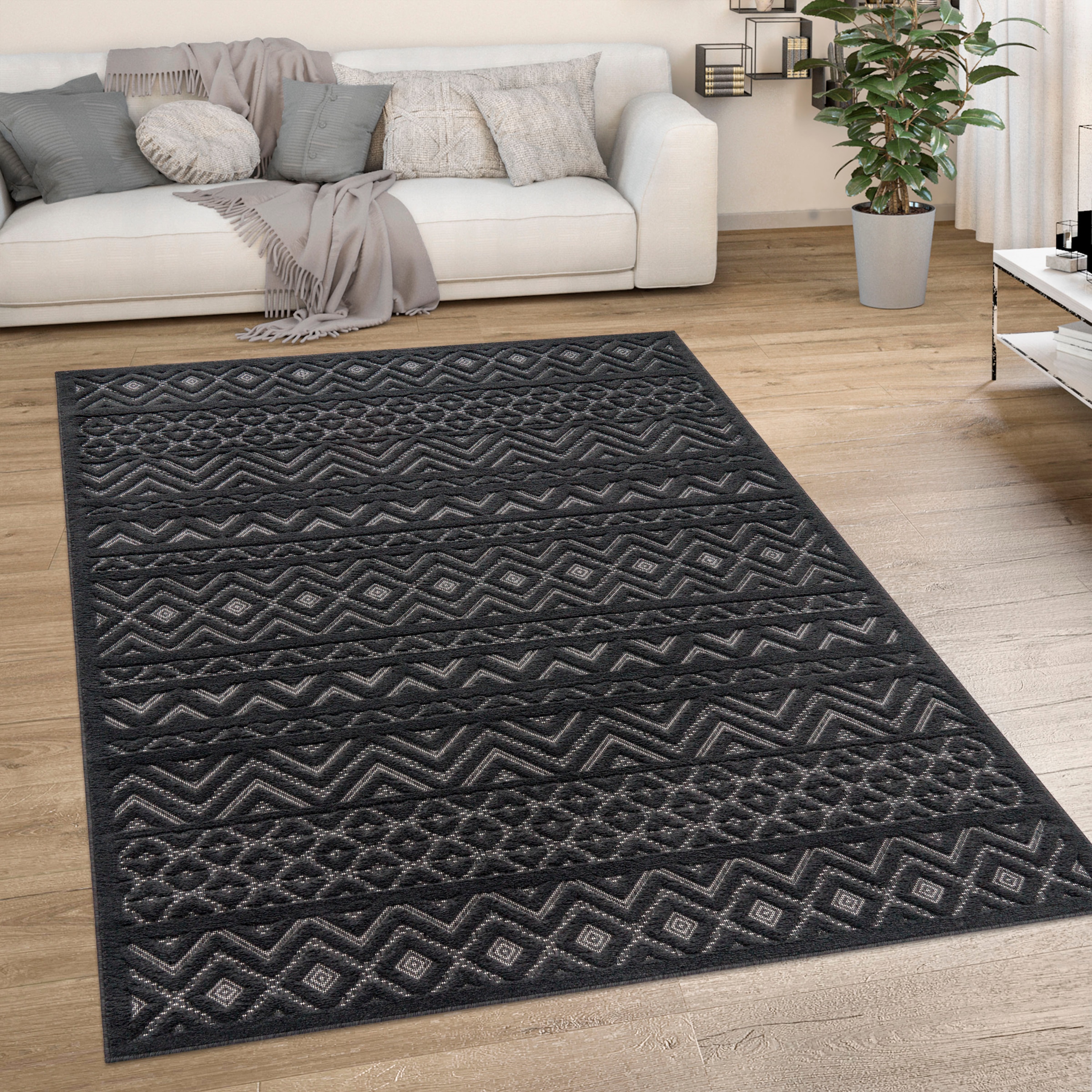 Paco Home "Livorno 673" rechteckig 14 mm Höhe Uni-Farben, Scandi, Rauten Muster, Hoch-Tief Effekt, Outdoor geeignet
