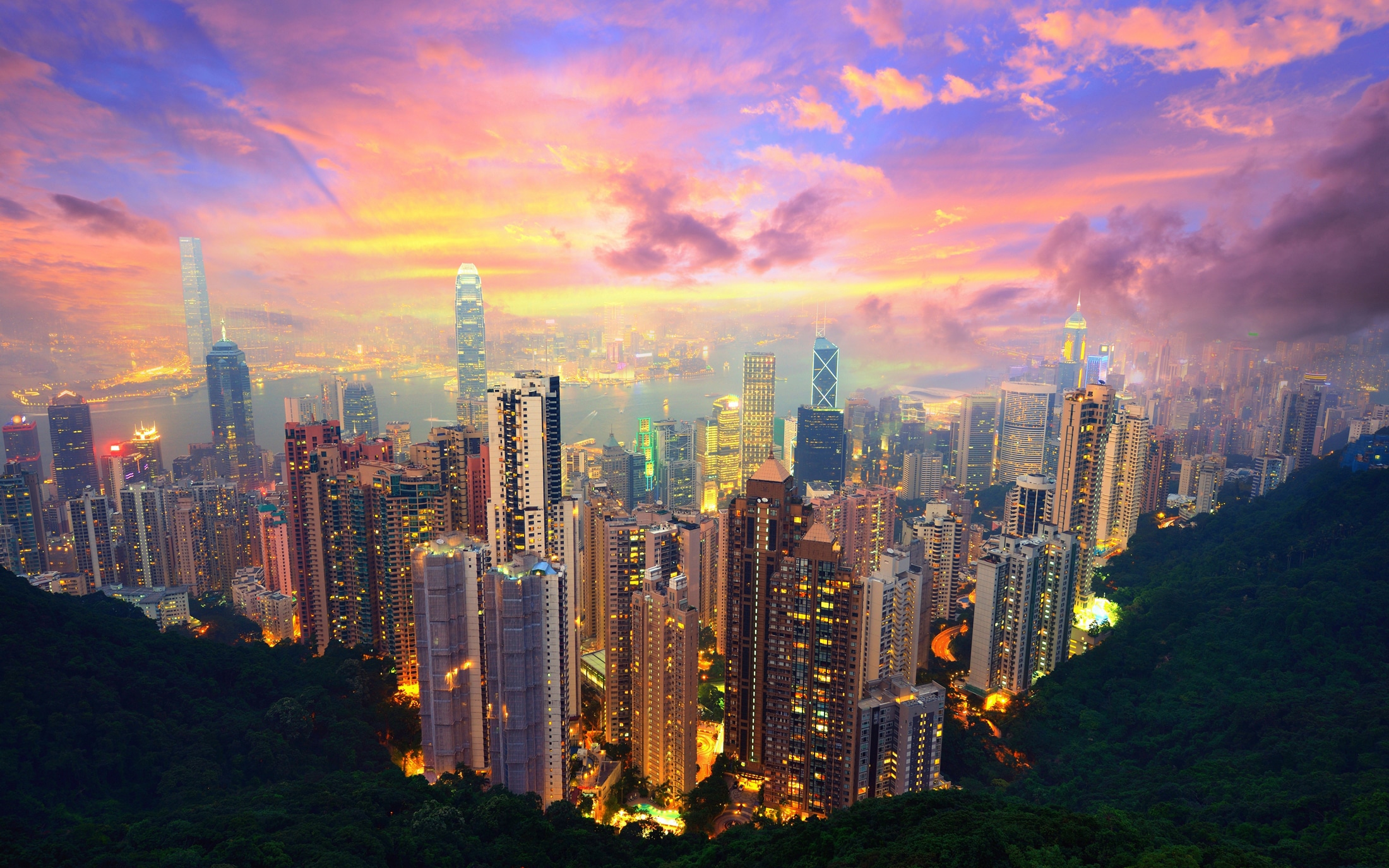 Papermoon Fototapete "HONG KONG-VICTORIA PEAK STADT INSEL SKYLINE MEER NACHT"