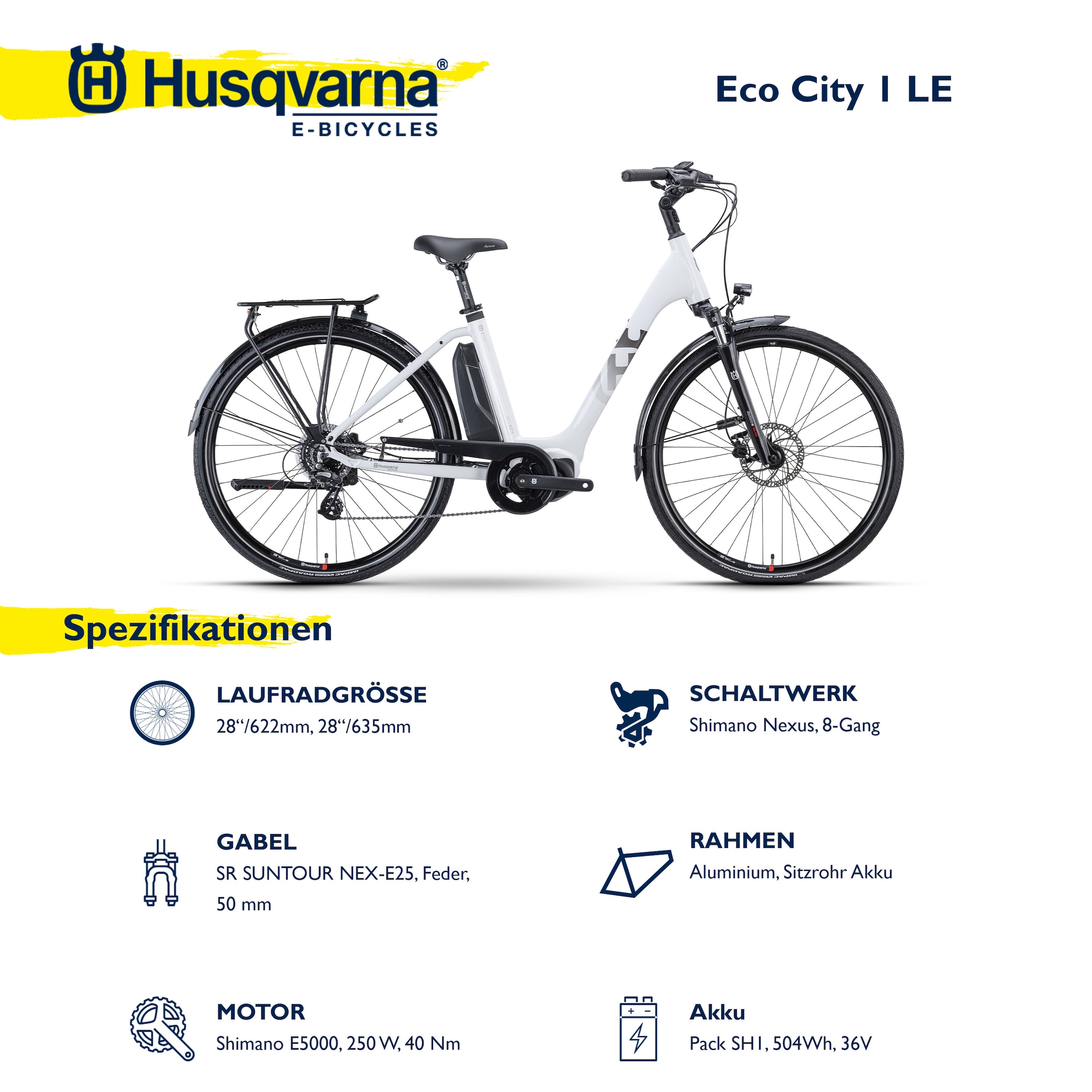 Husqvarna E-BICYCLES E-Bike »E-Citybike Eco City 1«, 8 Gang, Shimano, Nexus, Mittelmotor 250 W, Pedelec, Elektrofahrrad für Herren, Cityrad