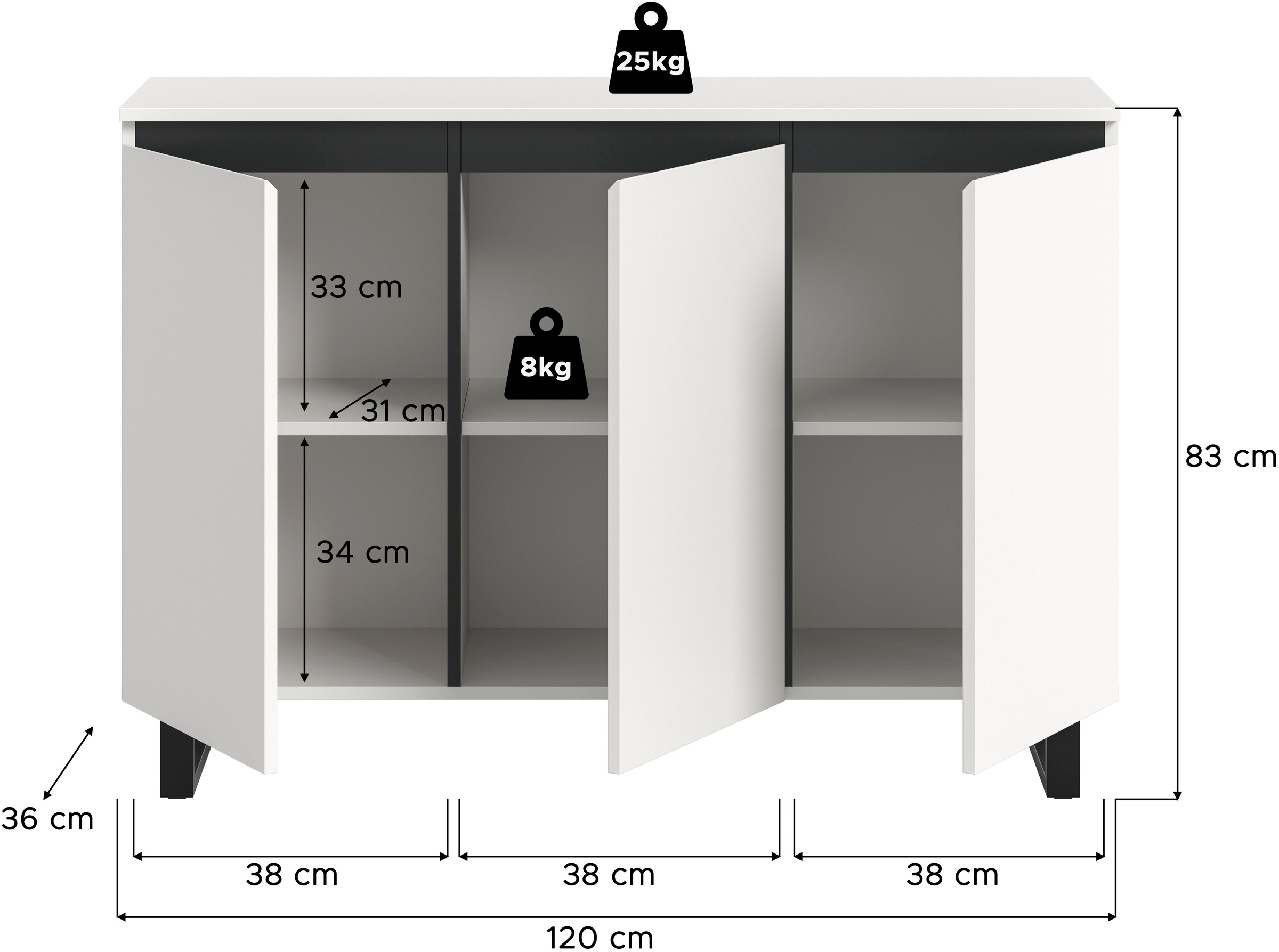 INOSIGN Sideboard »TOMA, Breite: 120 cm, mit Metall-Kufen-Fuß, 3 Türen, 3 Einlegeböden«, Anrichte, Kommode, Schrank, Board, Higboard