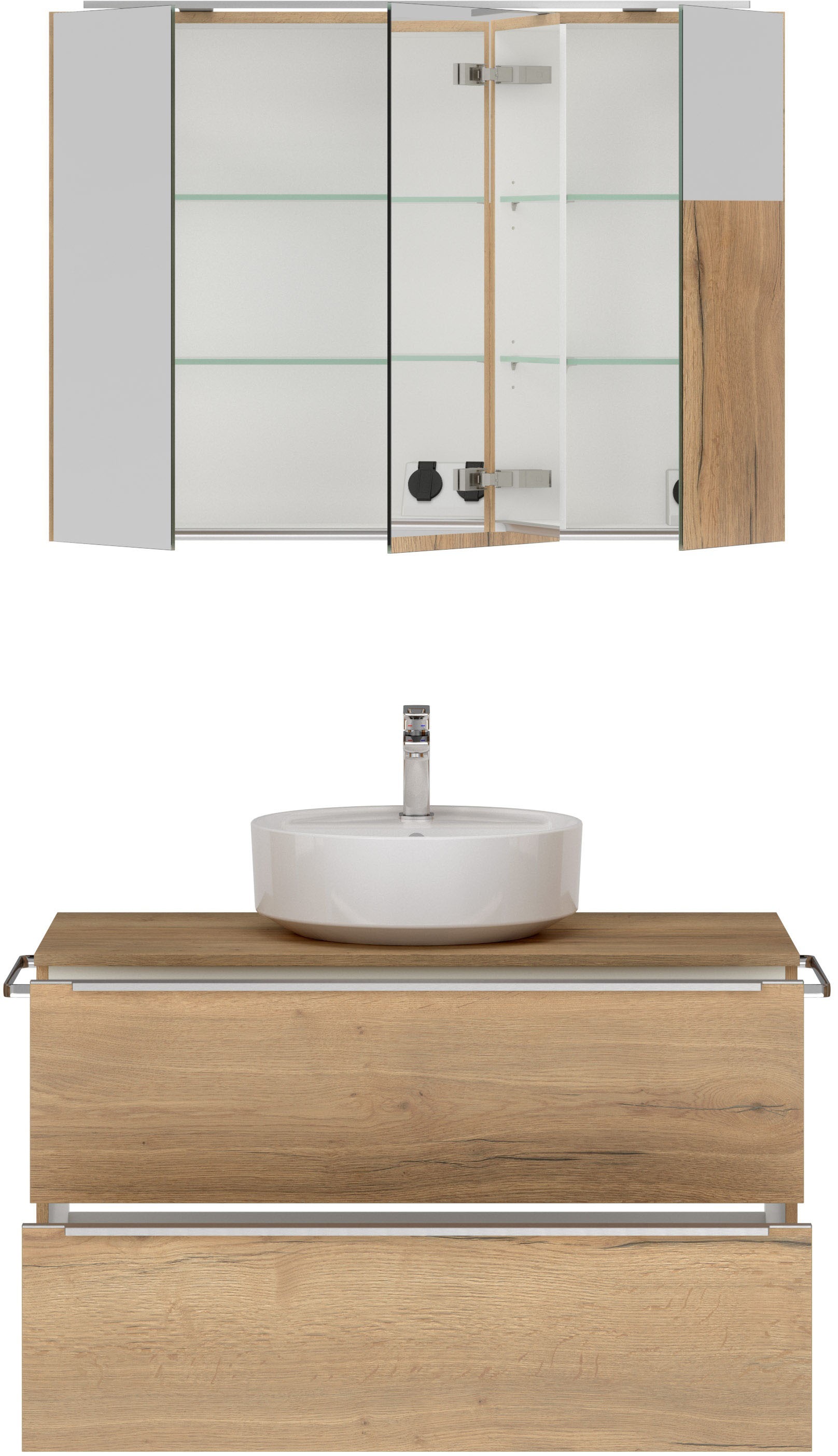nobilia® Badmöbel-Set »Alvene«, (2 St., vormontiert, mit Soft-Close), inkl. Spiegelschrank mit Beleuchtung und Dimmerfunktion, in 4 Breiten