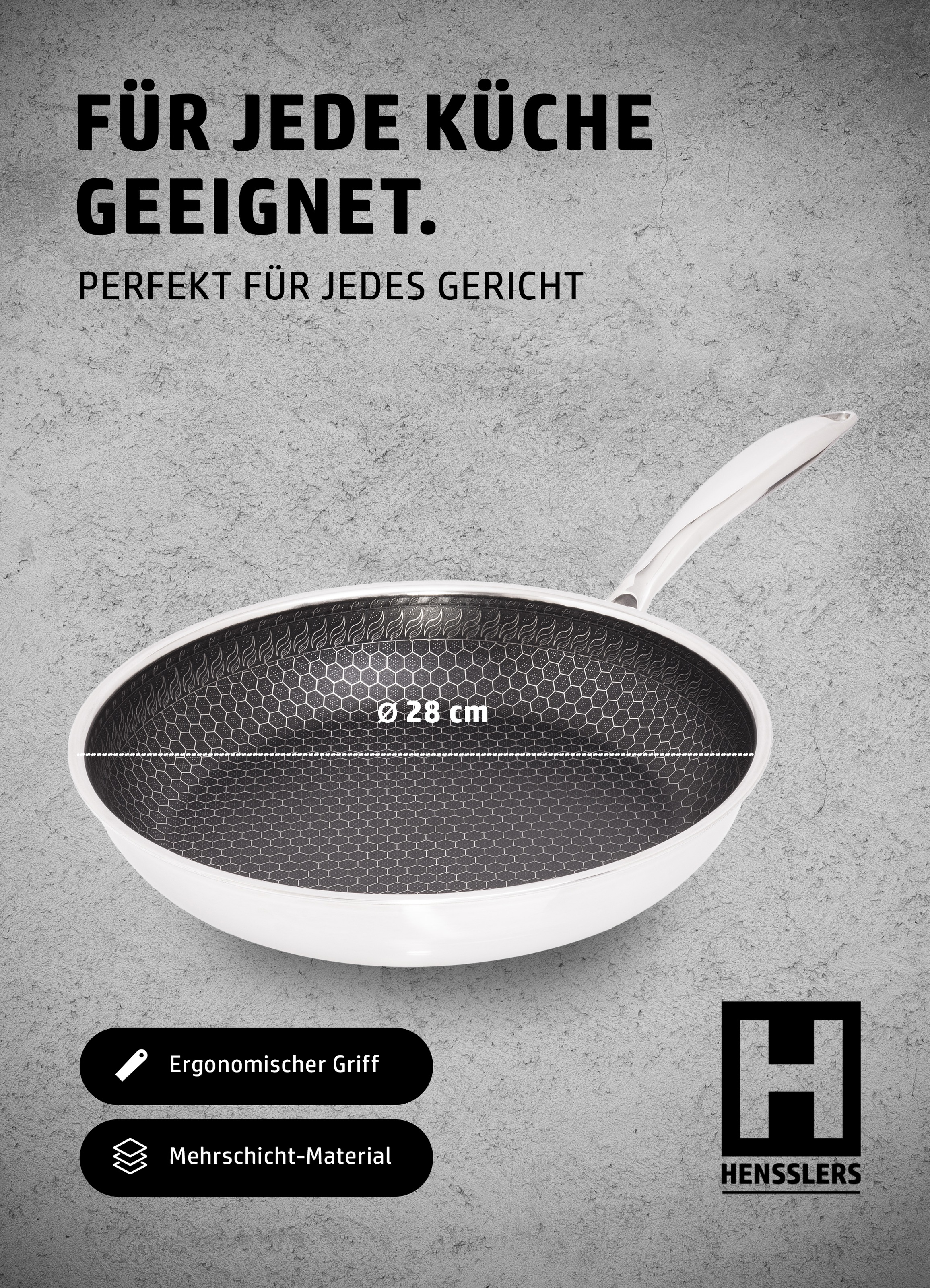 HENSSLERS Pfannen-Set »HENSSLERS Bratpfannen-Set, Ø 24 und 28 cm, inkl. Deckel«, Edelstahl, (4 tlg.), mit Wabenstruktur