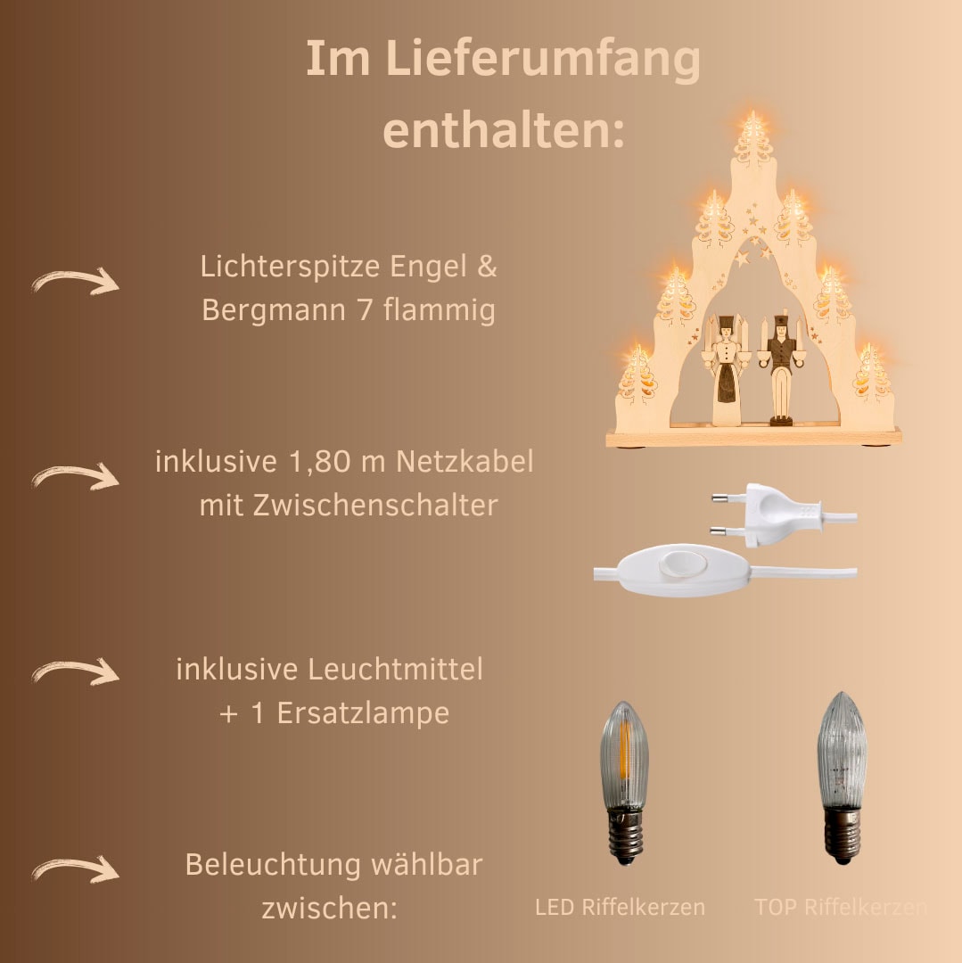 Weigla Schwibbogen »Engel & Bergmann, Lichterspitze aus Holz, NATUR-BRAUN«, Erzgebirge garantiert, Weihnachtsdeko Innen, Weihnachtsbeleuchtung