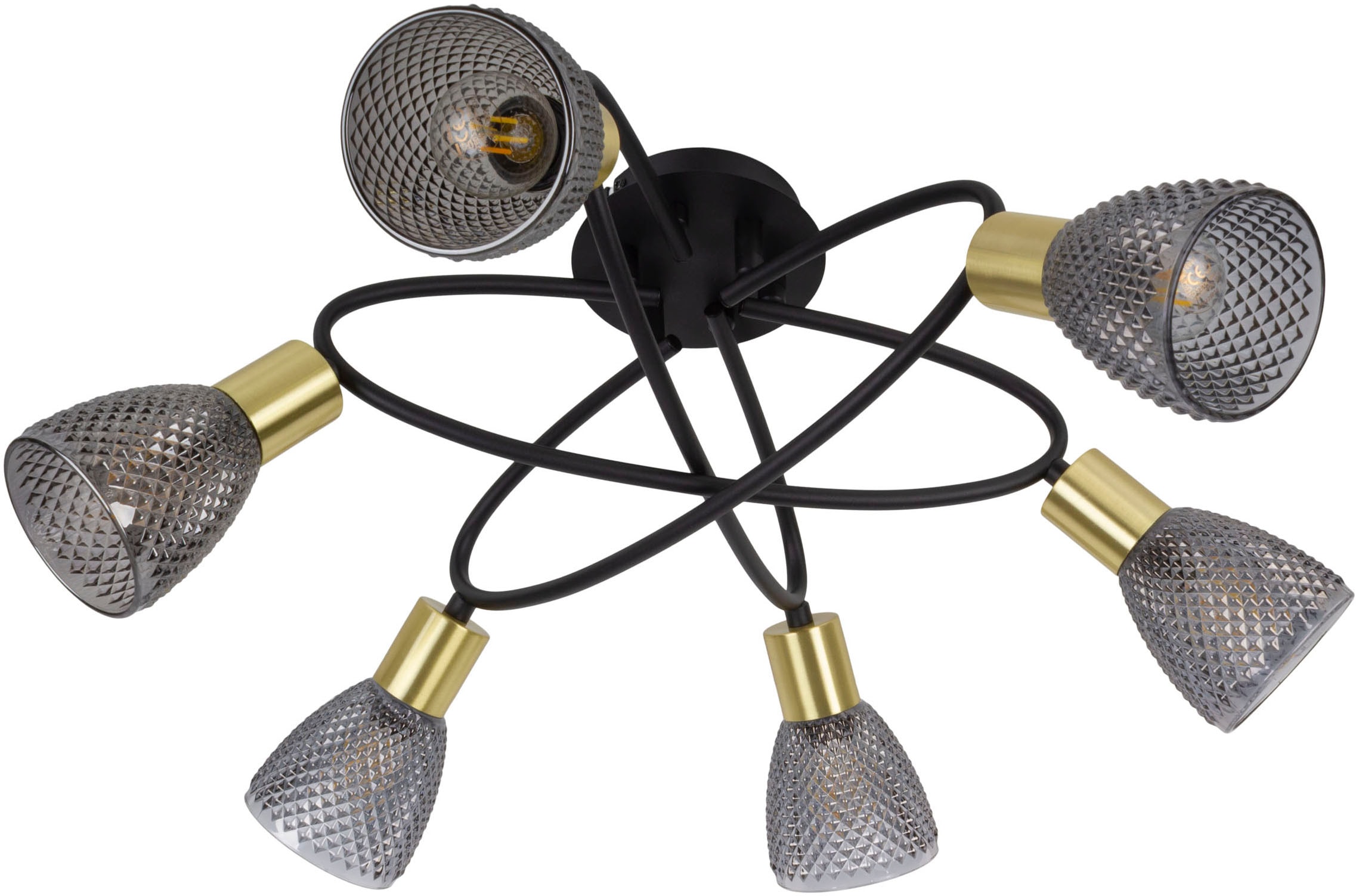 näve Deckenleuchte »Lindita« E14 1 Stk. 6er Spot, Relief-Glasschirm smokey, Gestell messing matt, 6x E14 exkl.