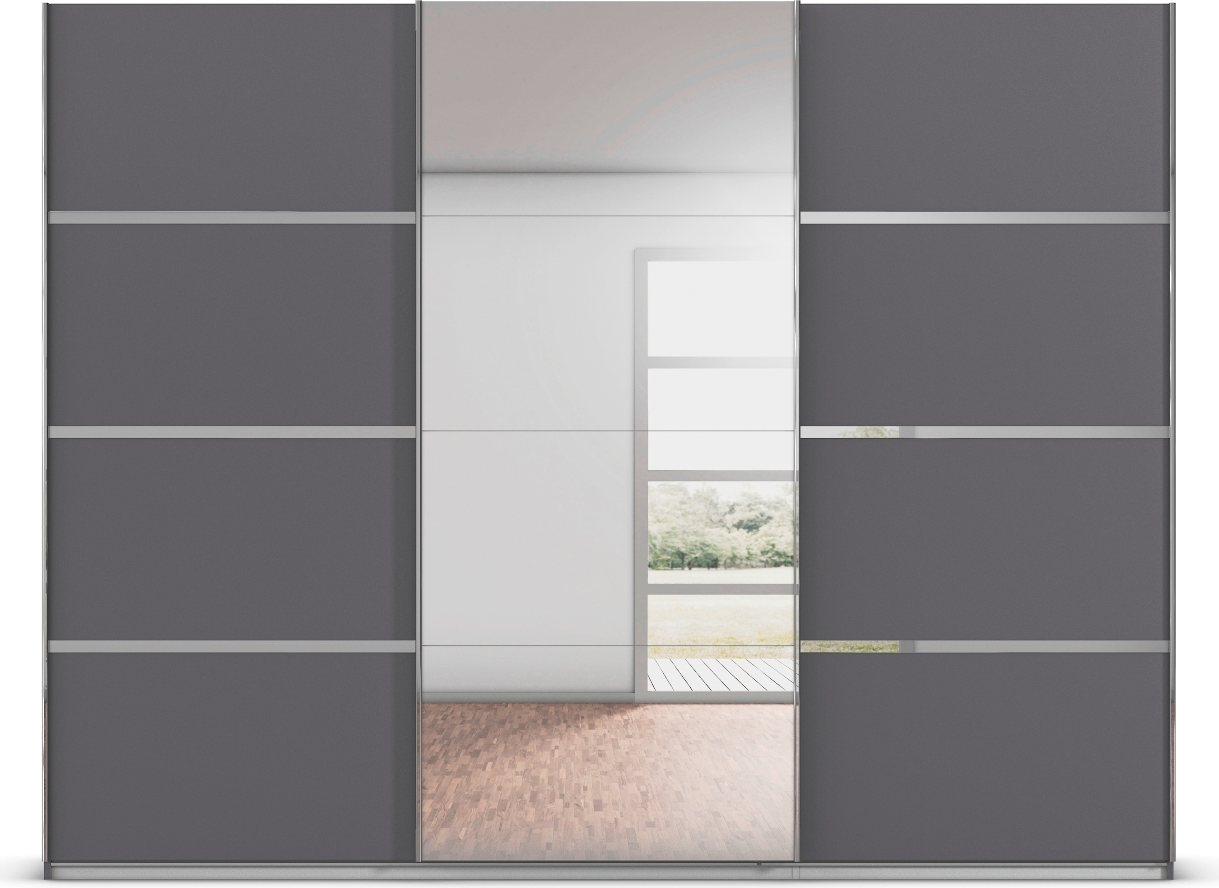 rauch Kleiderschrank »Schwebetürenschrank Garderobe Schrank TOP ANGEBOT Avola«, (in 3 verschiedenen Ausstattungen BASIC/CLASSIC/PREMIUM inkl. Spiegel), mit eleganten Zierleisten in Chrom, Schwarz oder Weiß MADE IN GERMANY