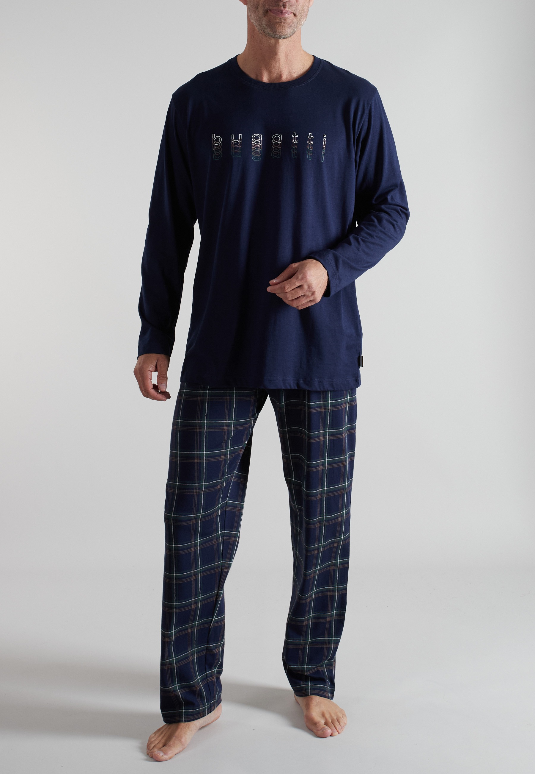 bugatti Pyjama Langarm, Rundhalsausschnitt, mit Logo, kariert, Baumwolle
