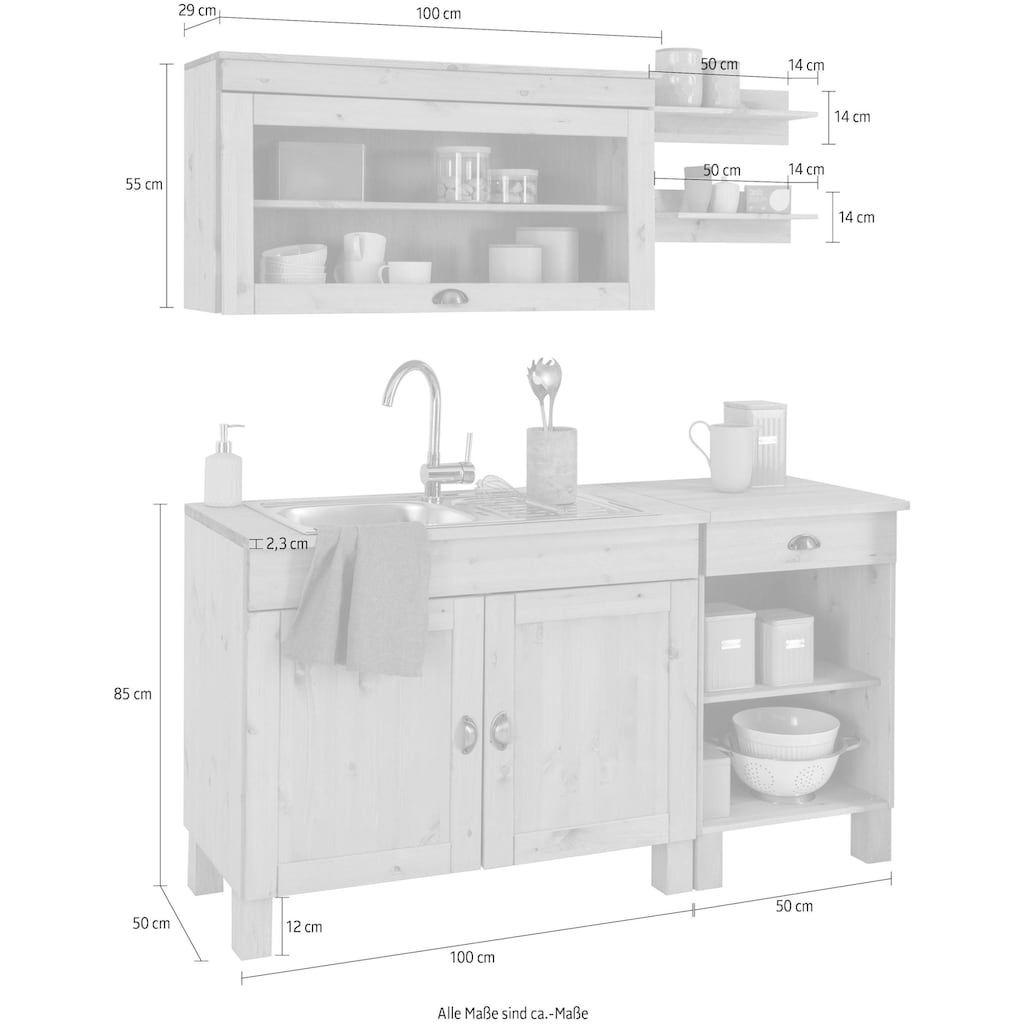 Home affaire Küchen-Set »Oslo«, (5 St.), ohne E-Geräte, Breite 150 cm, aus massiver Kiefer, 23 mm starke Arbeitsplatte, mit Metallgriffen, Landhaus-Küche