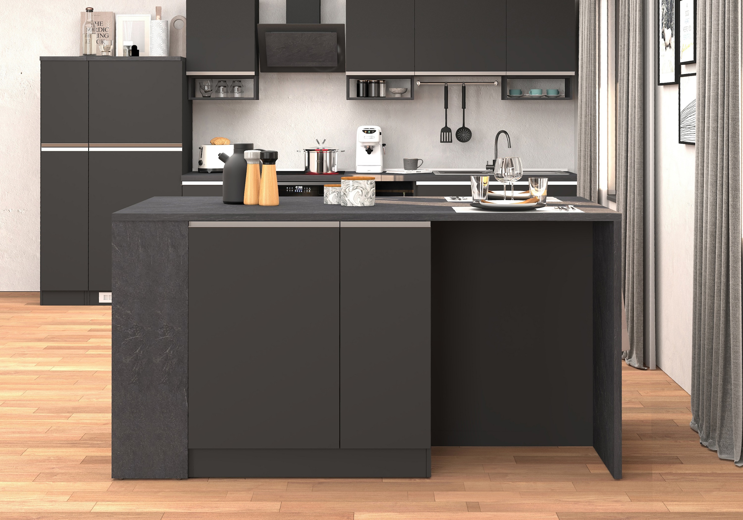 KOCHSTATION Kücheninsel »KS-Sole, Kochinsel, Küchenarbeitsblock, Arbeitsinsel, Made in Italy« Breite 167,5 cm, 2 Apothekerauszüge, 2 Essplätze, 1 offenes Regal