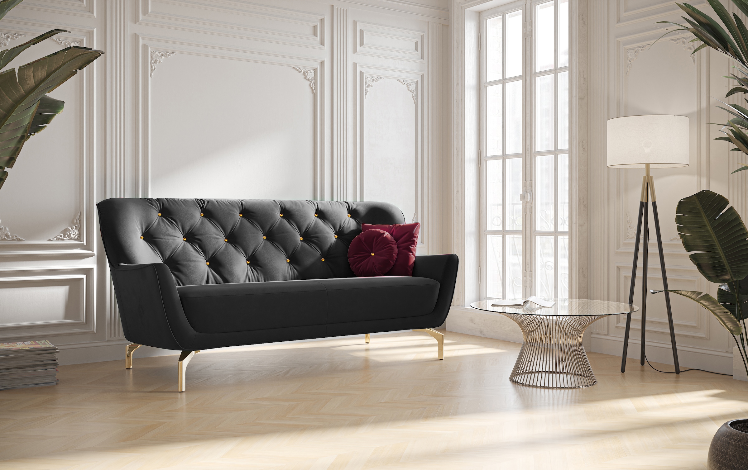 sit&more 3-Sitzer »Orient 3«, inkl. 2 Zierkissen mit Strass-Stein, goldfarbene Metallfüße