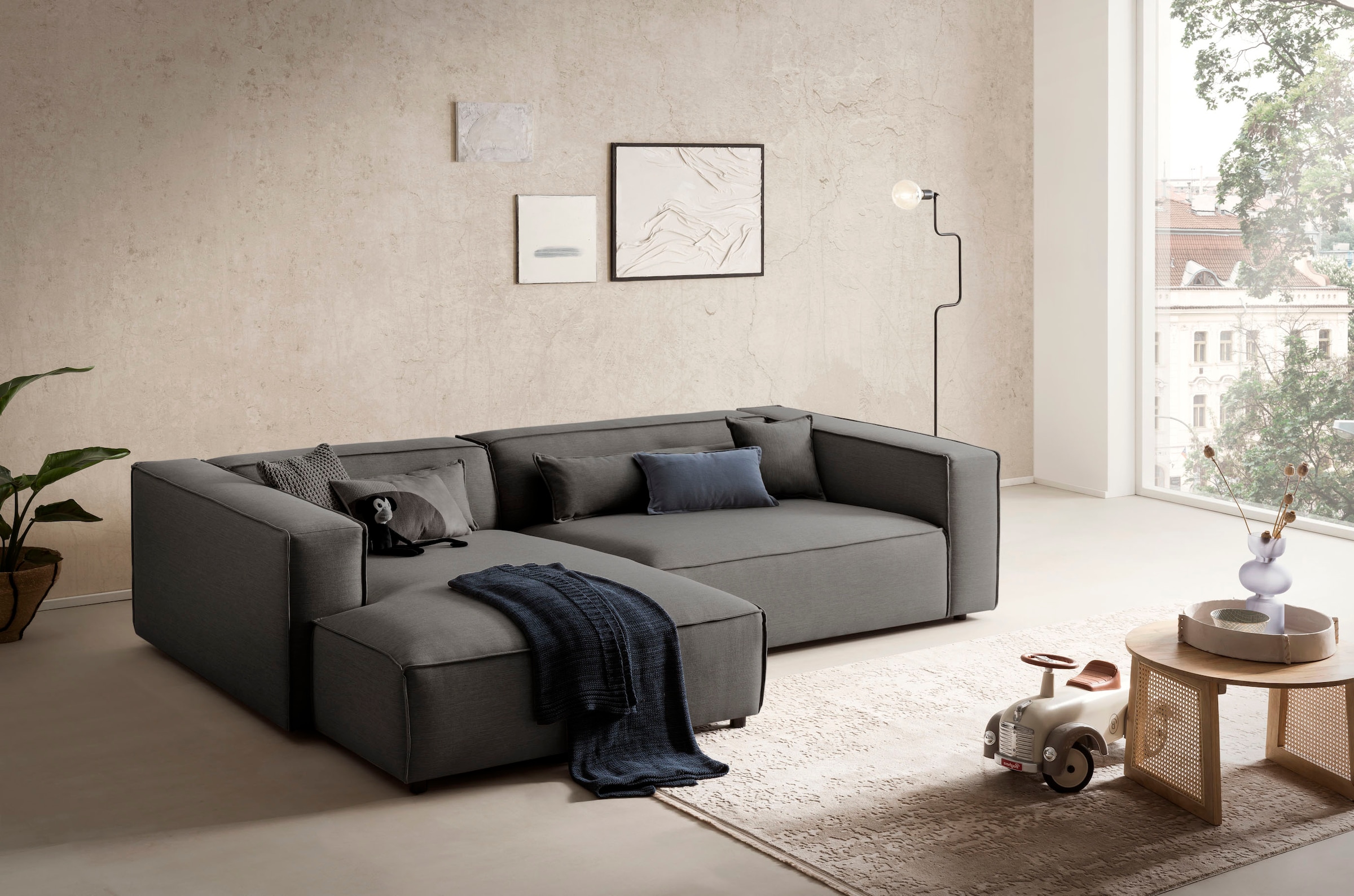 LeGer Home by Lena Gercke Ecksofa »PIARA XXL, Big-Sofa in Cord oder Leinenoptik, L-Form, mit Kedernaht«, wahlweise Ottomane rechts/links, schwarze Füße, extra tiefe Sitzfläche