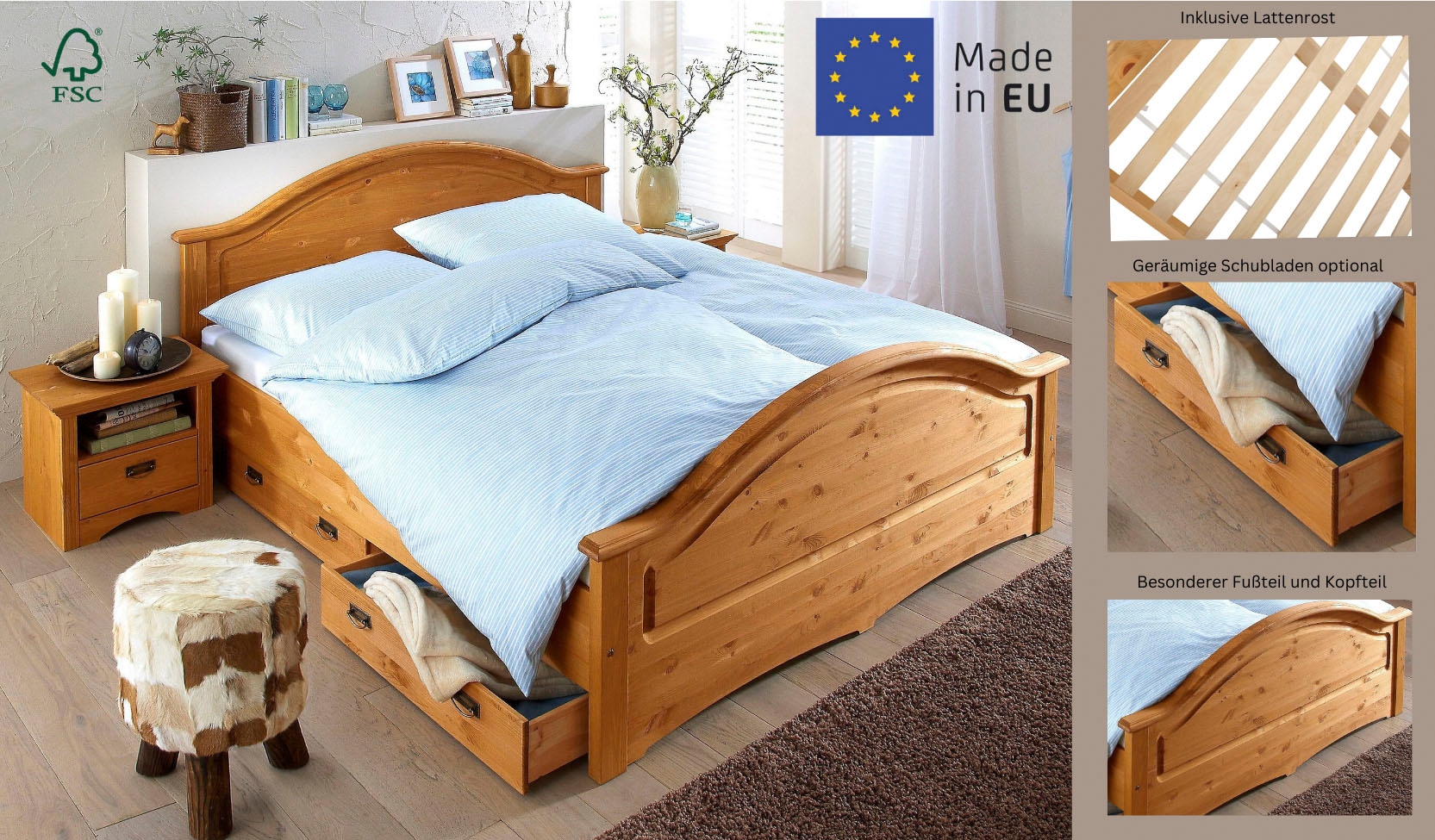 Home affaire Massivholzbett »Konrad, hohe Belastbarkeit! FSC® zertifiziertes Massivholz«, (Breite/Belastbarkeit 180cm/220 KG, 140cm/180 KG), aus massivem Kiefernholz, FSC®-zertifiziert, INKLUSIVE Rollrost