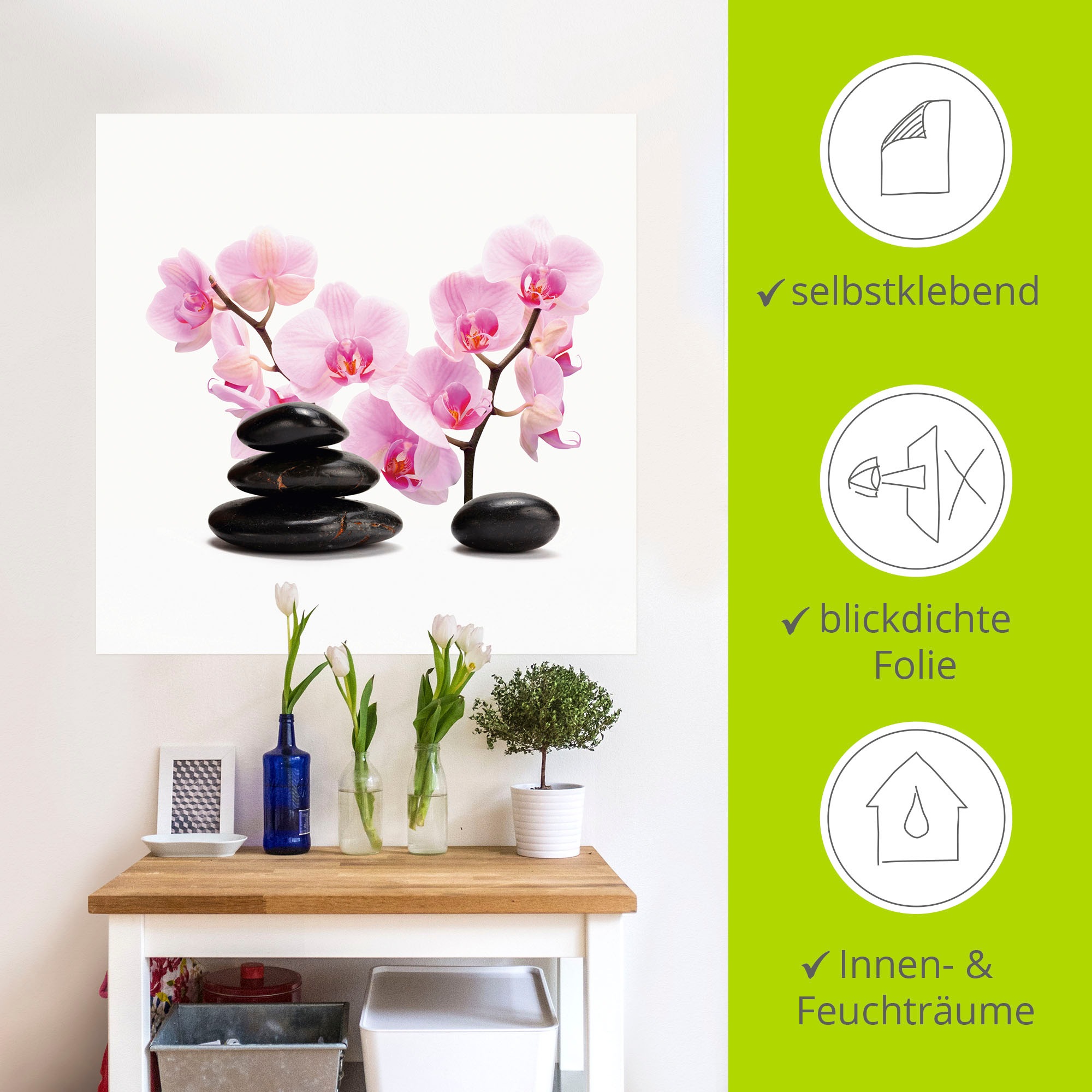 Artland Wandbild »Schwarze Steine und pink Orchidee«, Zen, (1 St.), als Leinwandbild, Poster, Wandaufkleber in verschied. Größen