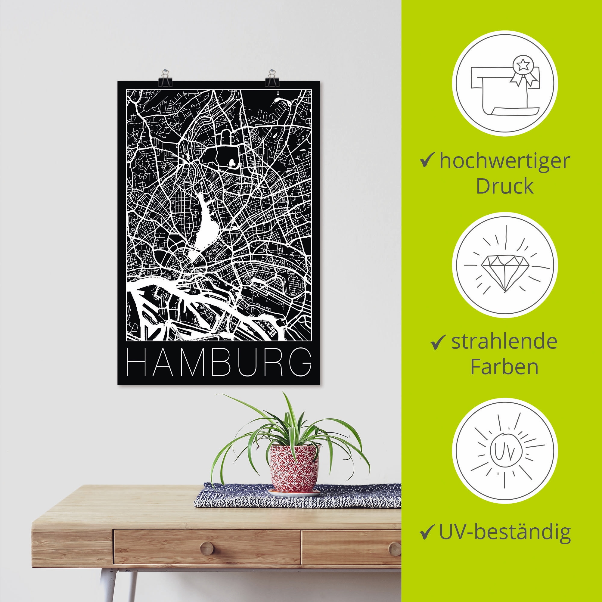 Artland Wandbild »Retro Karte Hamburg Deutschland Schwarz«, Deutschland, (1 St.), als Alubild, Outdoorbild, Leinwandbild, Poster in verschied. Größen