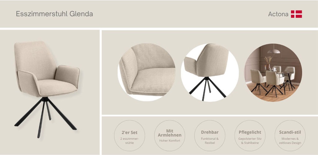 ACTONA GROUP Esszimmerstuhl "Glenda, gepolsterter komfortabel Stuhl mit Arm günstig online kaufen