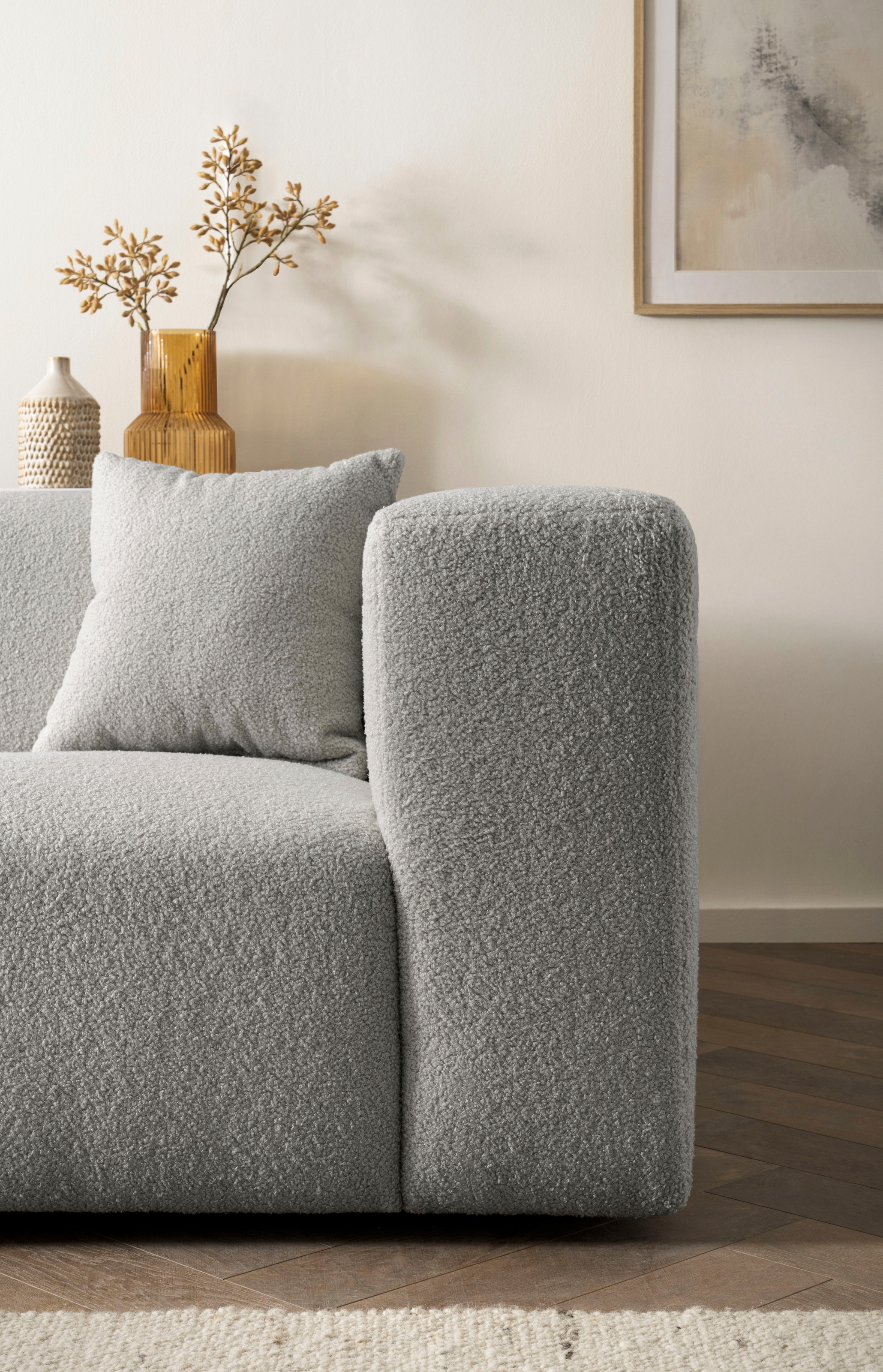 andas Ecksofa »BAKELS, L-Form in Cord oder Boucle-Stoff, moderne Couch«, wahlweise Recamiere rechts/links, bequemer Sitzkomfort