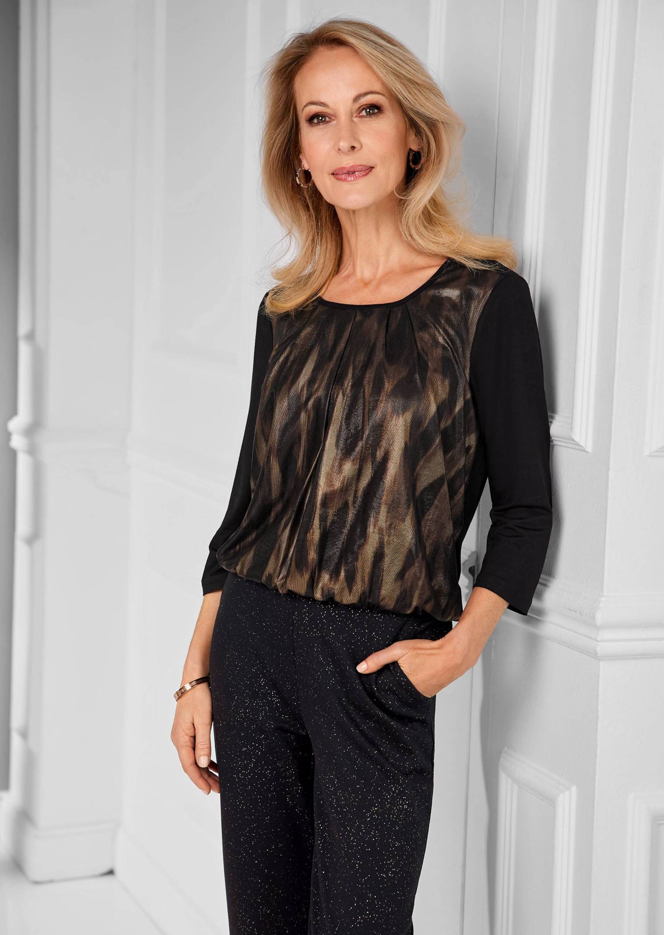 GOLDNER Kurzarmbluse »Kurzgröße Stretch-Blusenshirt mit Glanz-Druck«