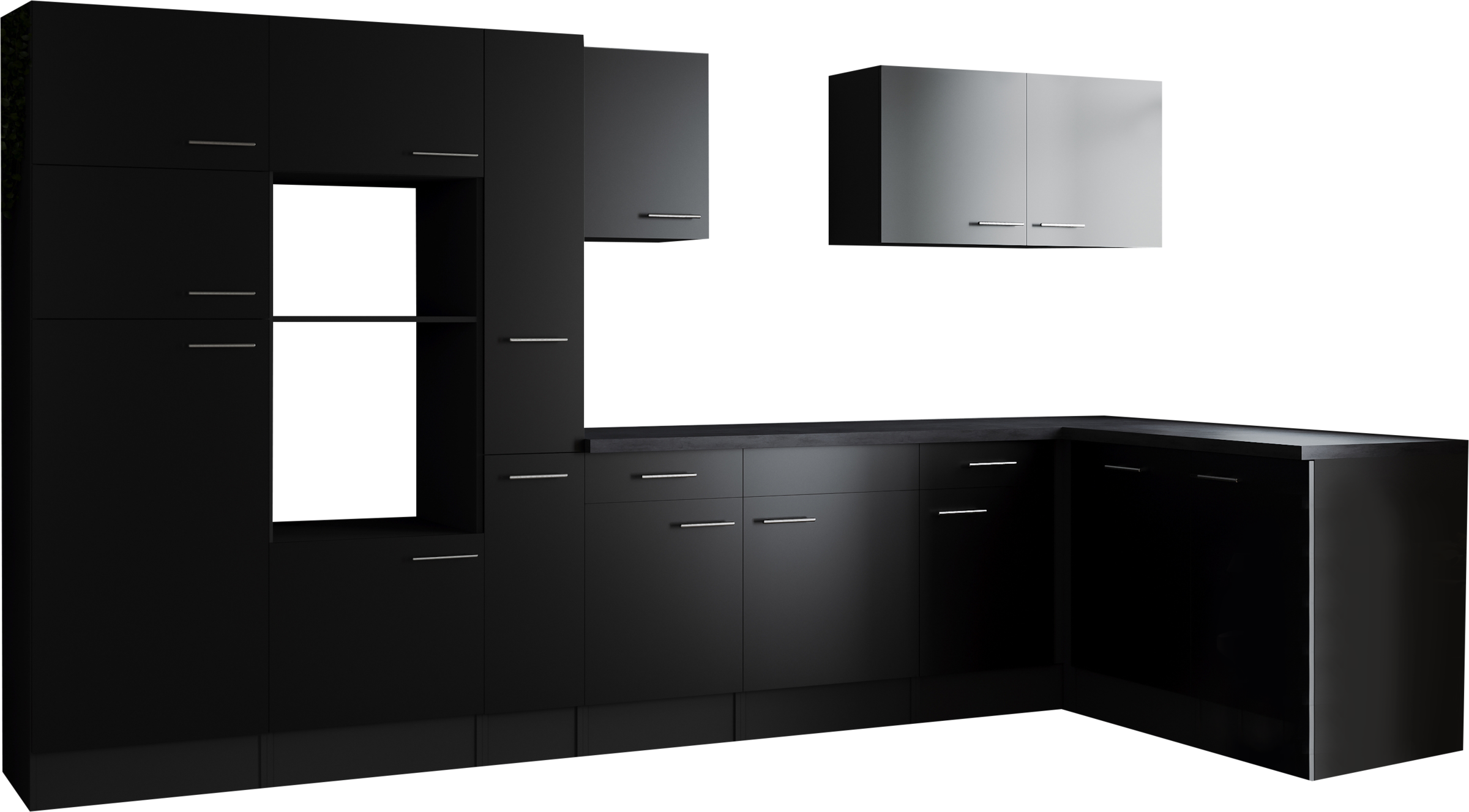 Winkelküche RESPEKTA, B:370cm H:205cm T:172cmküche: schwarz, front: schwarz, korpus: grau matt, arbeitsplatte: granit optik, Komplettküchen-Sets,