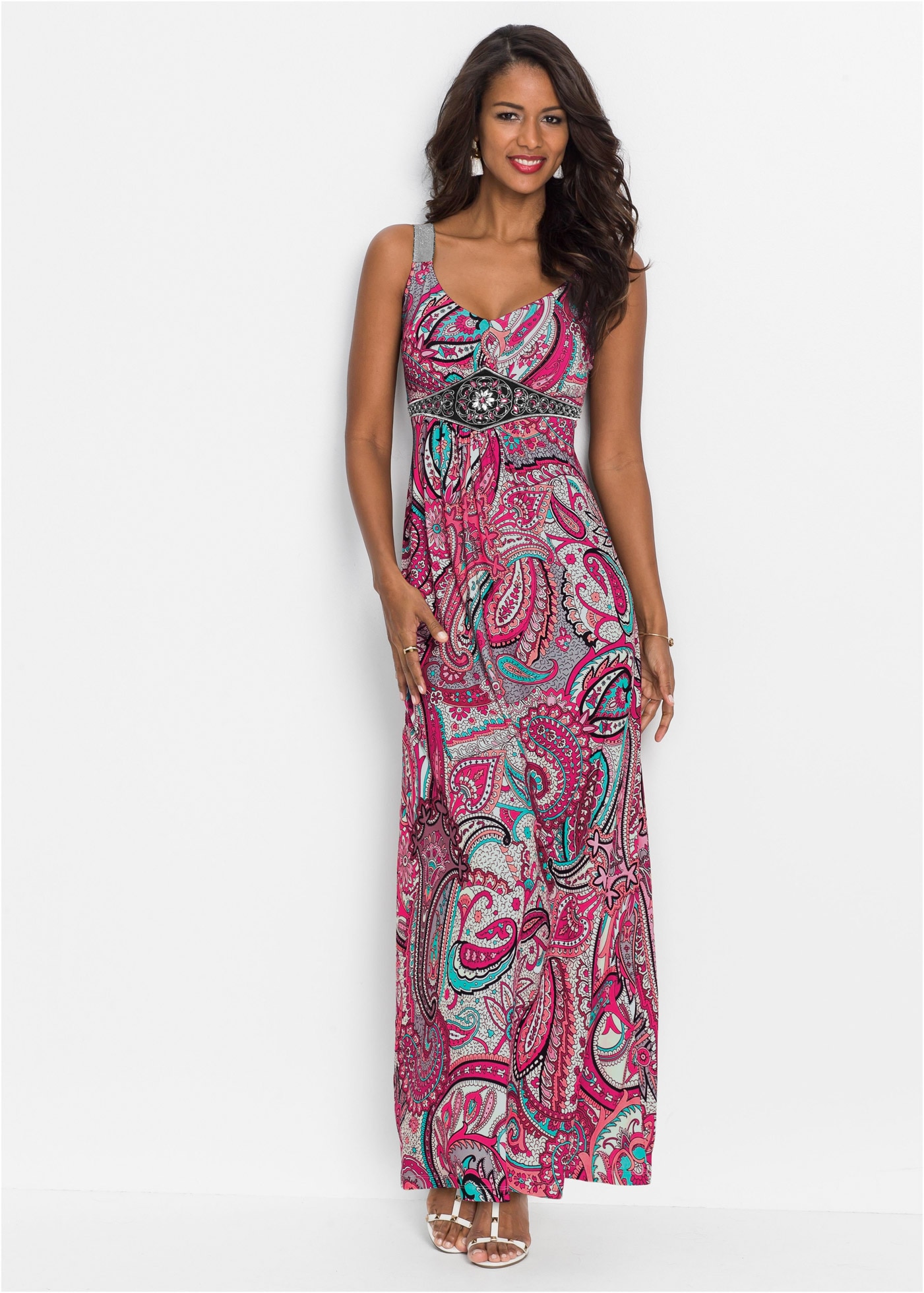 bonprix Maxikleid »Maxikleid mit Applikationen« ohne Ärmel, elastisches Material, schmale Passform